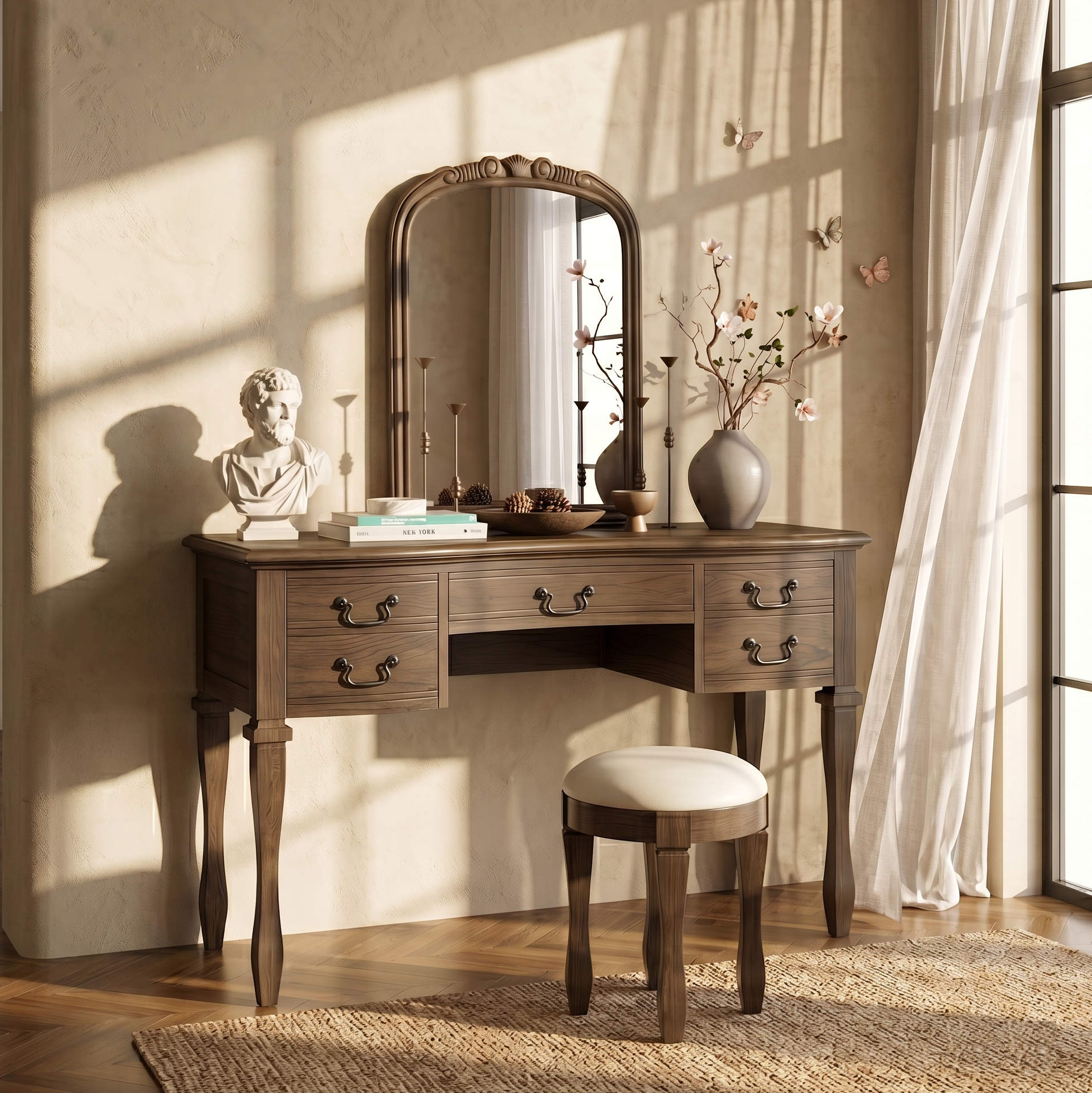46-Inch Espresso Vanity Desk, 5 Drawers with Vegan Leather Stool