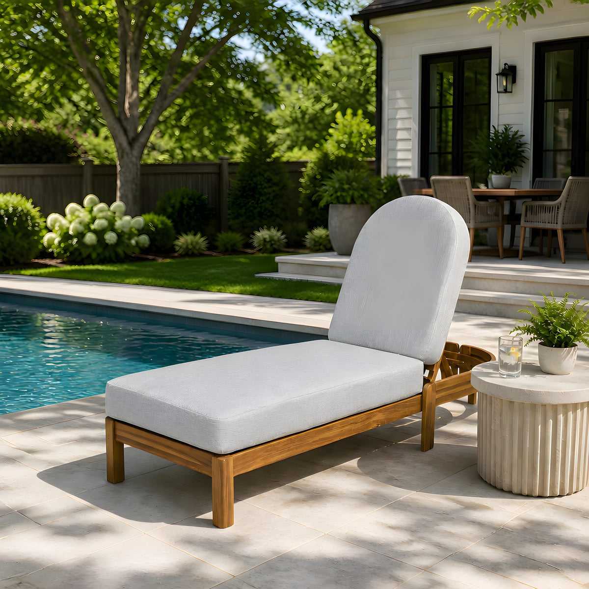 Teak Finish Solid Wood Adjustable Outdoor Chaise Lounge, Light Gray Cushion