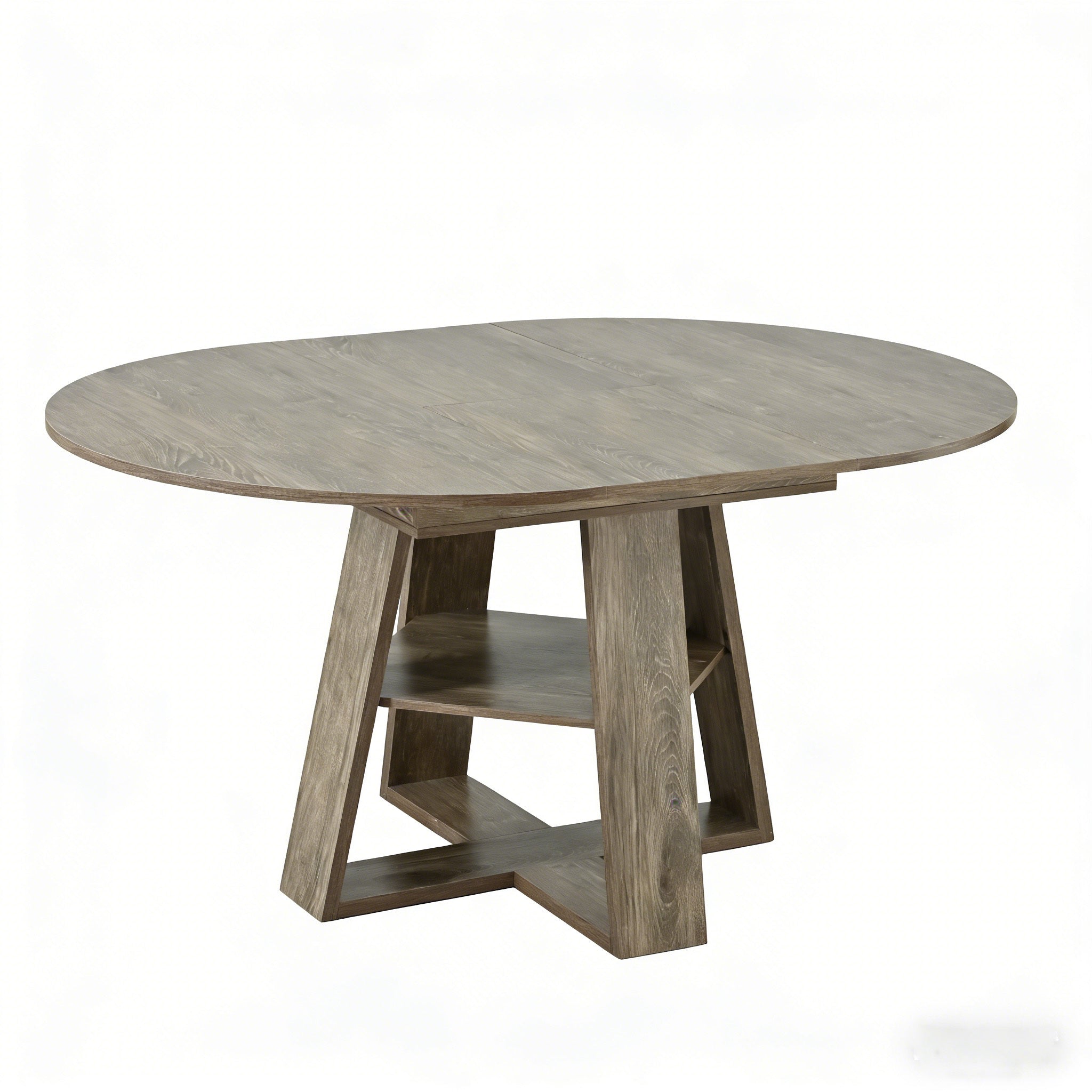 Angled studio view of the gray round dining table on a white background