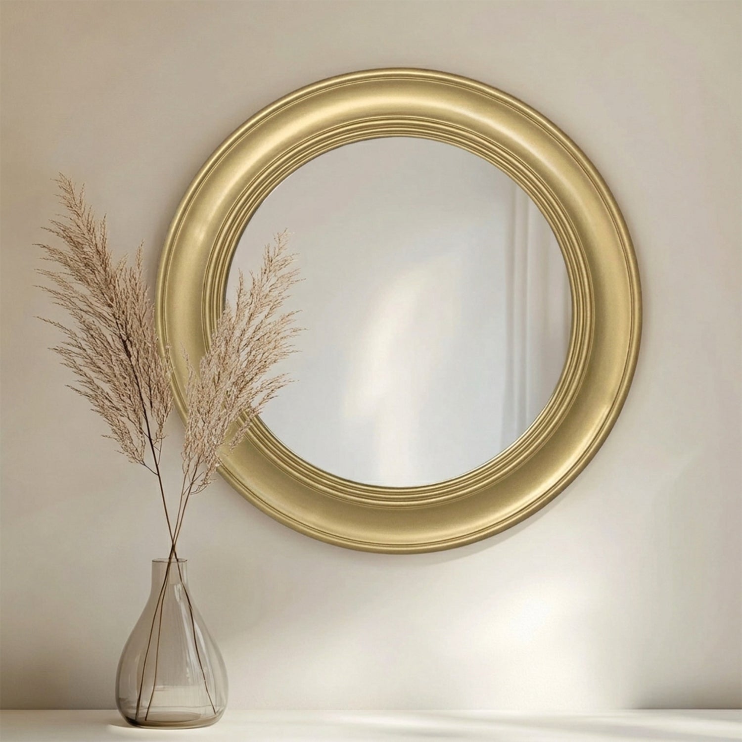 Round Wall Mirror, 26 in Metal Frame, Brushed Gold
