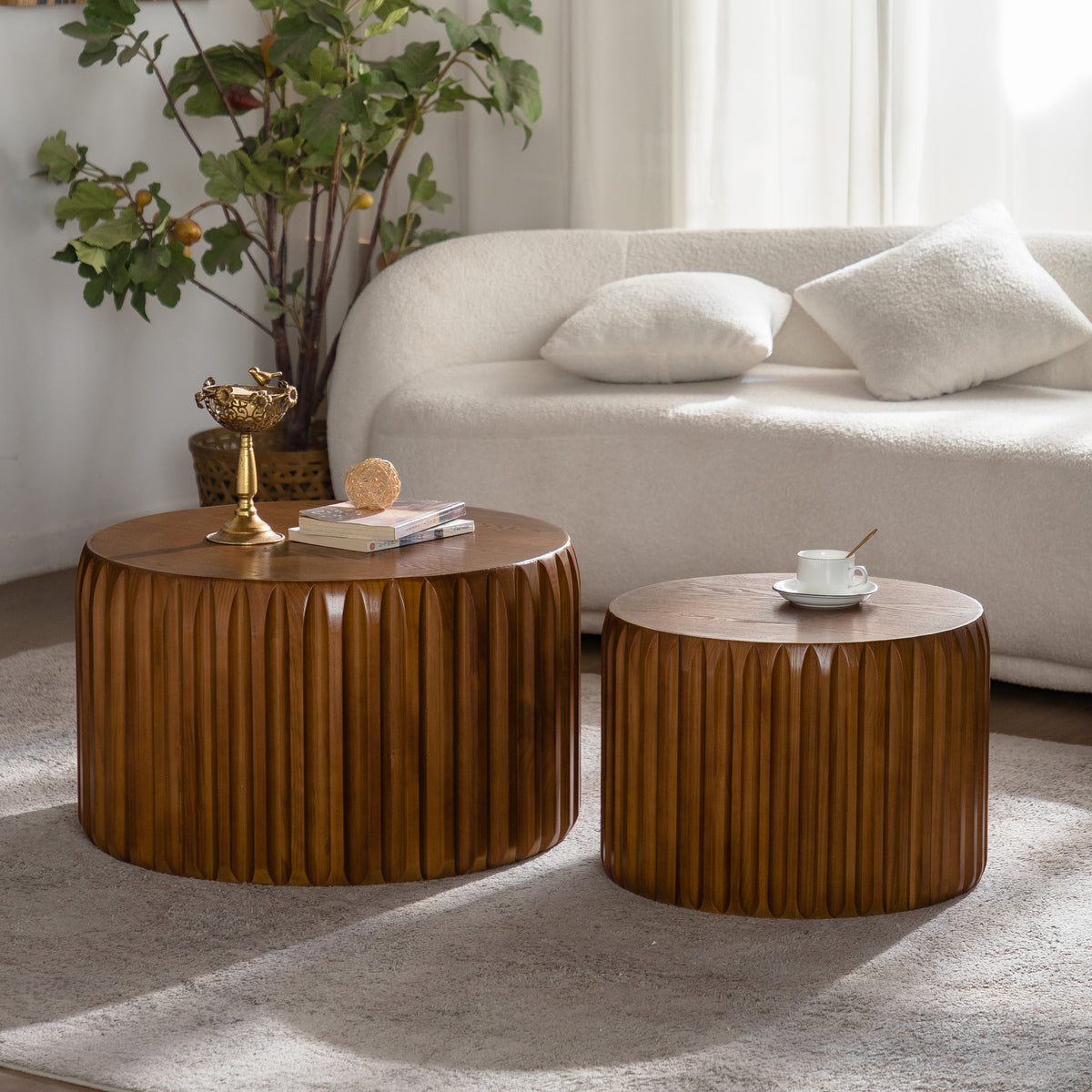 Walnut Round Fluted Coffee Table, Set of 2, 26 in