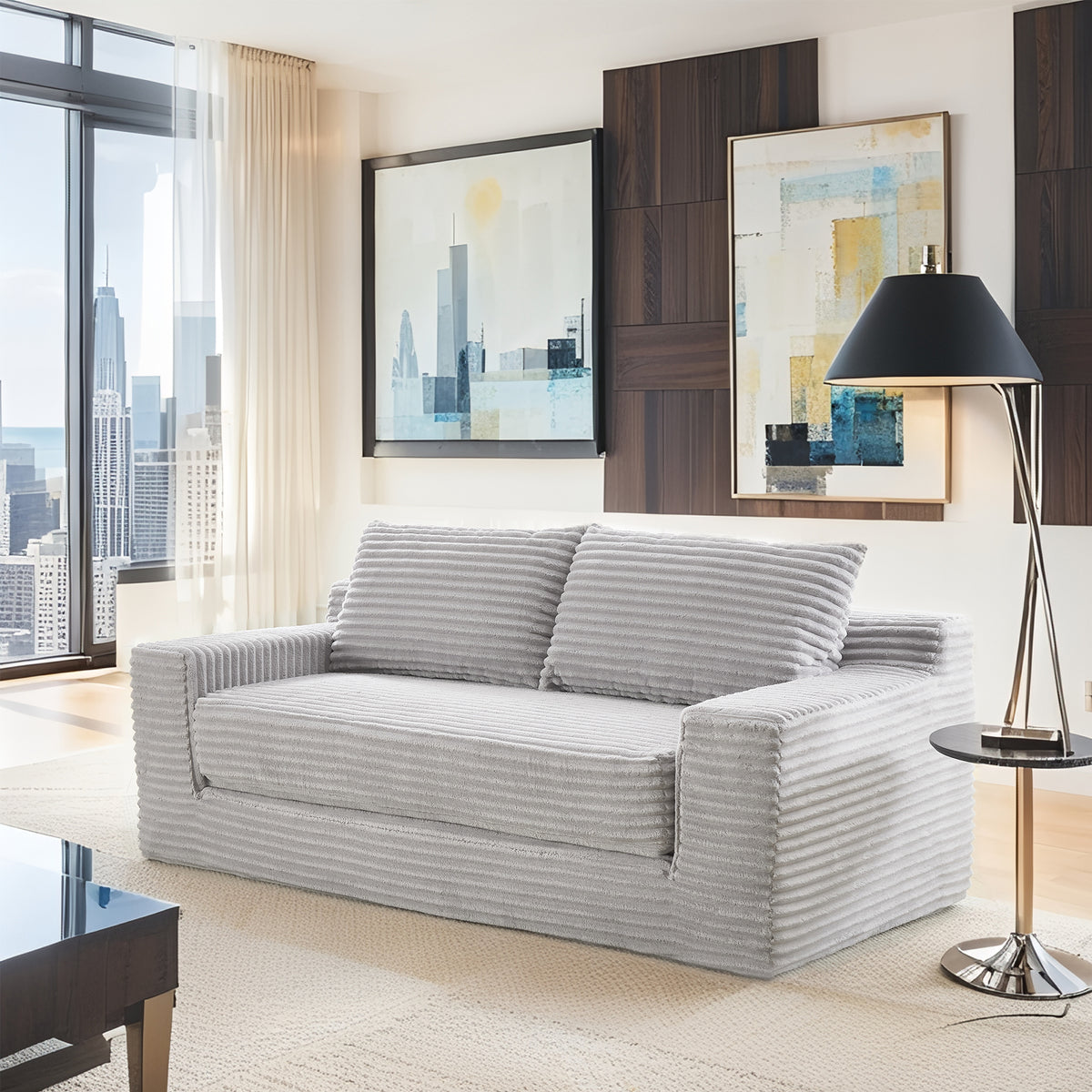 Gray Corduroy Sleeper Loveseat, No Assembly, 56 in Wide