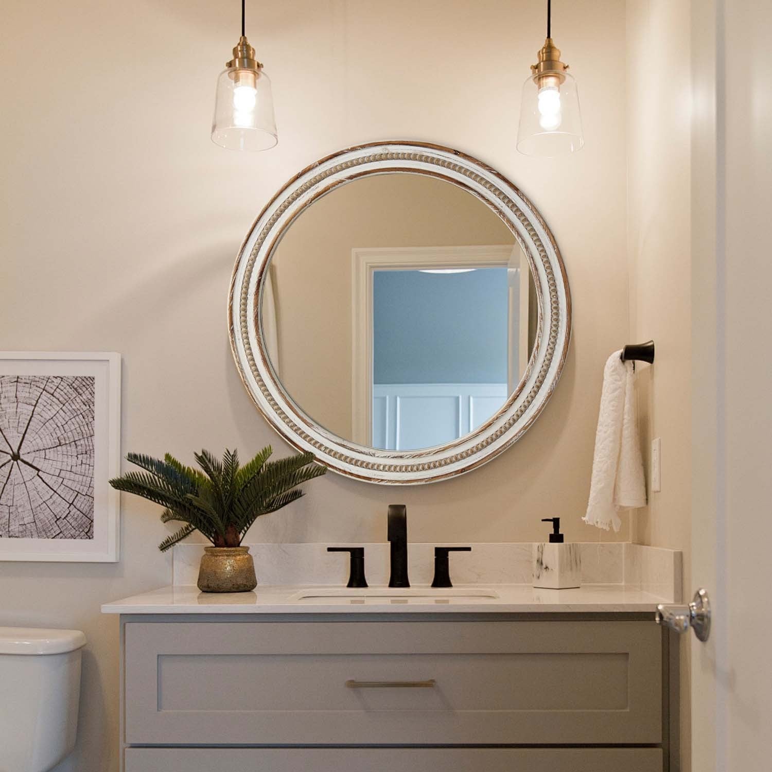 Beaded Circle Mirror, 31.5 in, Antique Natural Finish