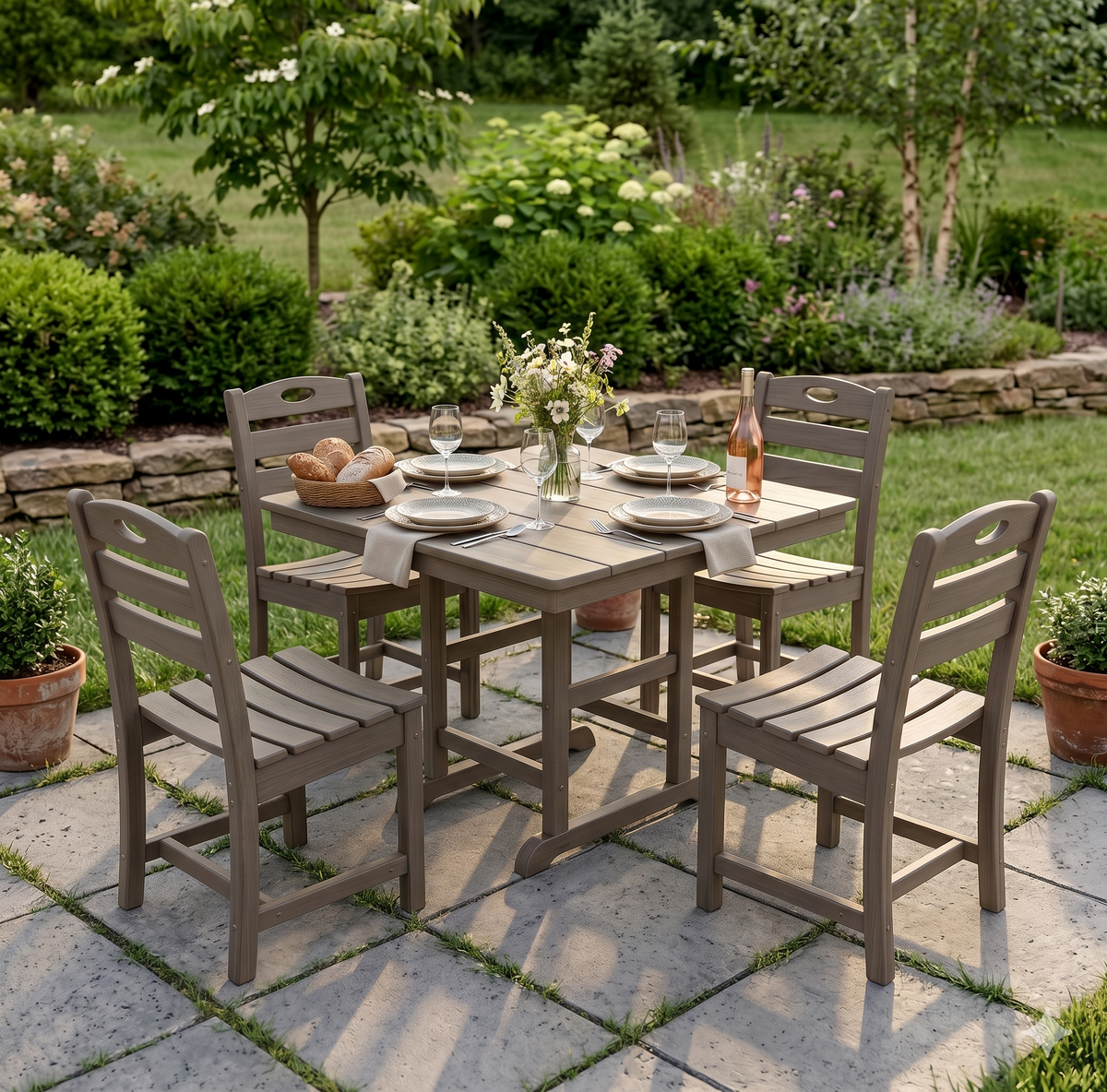 Brown HDPE 5-Piece Patio Dining Set for 4 with Umbrella Hole, Armless
