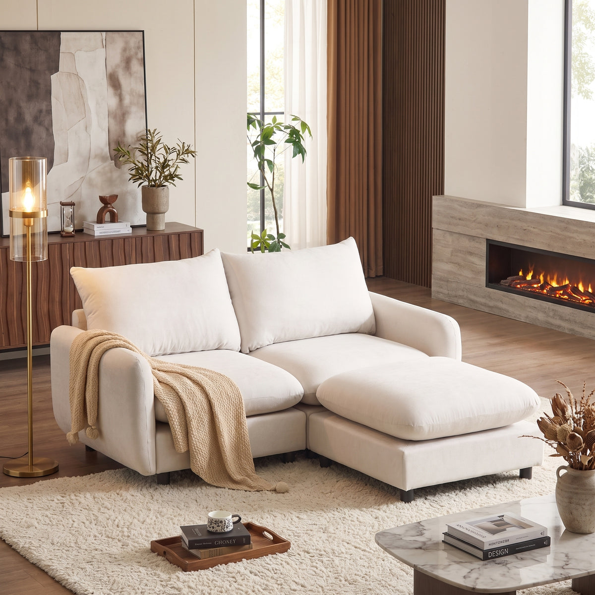 White L-Shaped Modular Sectional Couch with Ottoman, 69 in Wide