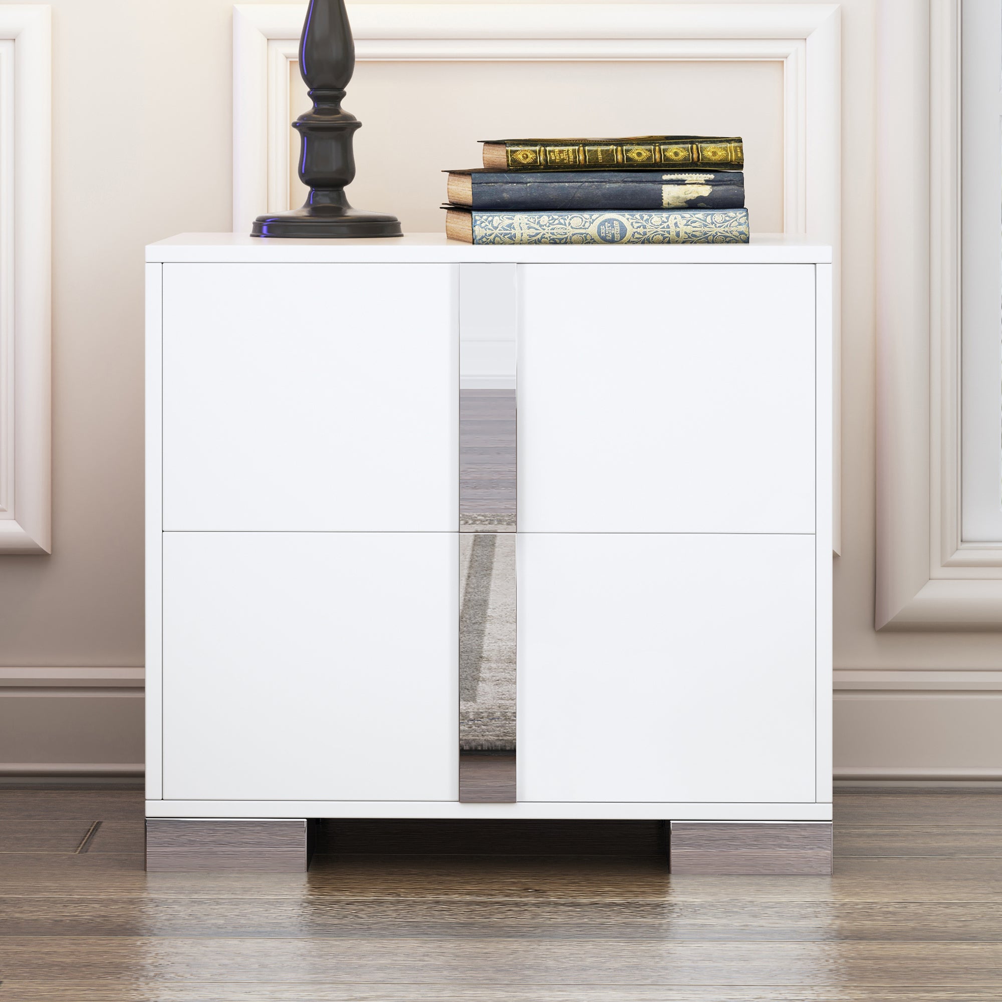 2-Drawer Nightstand with Metal Feet, Low Profile, White