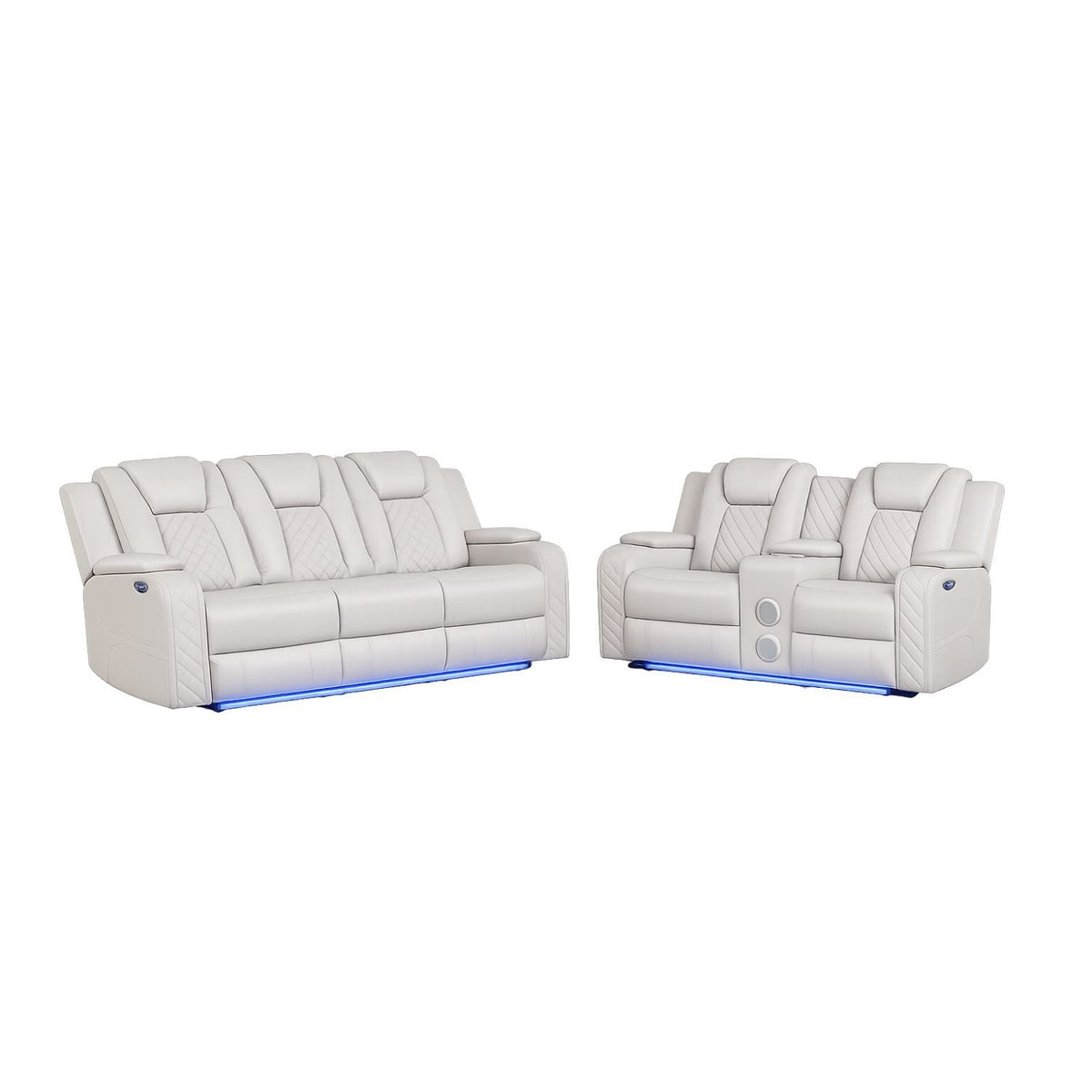 Beige Vegan Leather Power Reclining Sofa and Loveseat Set