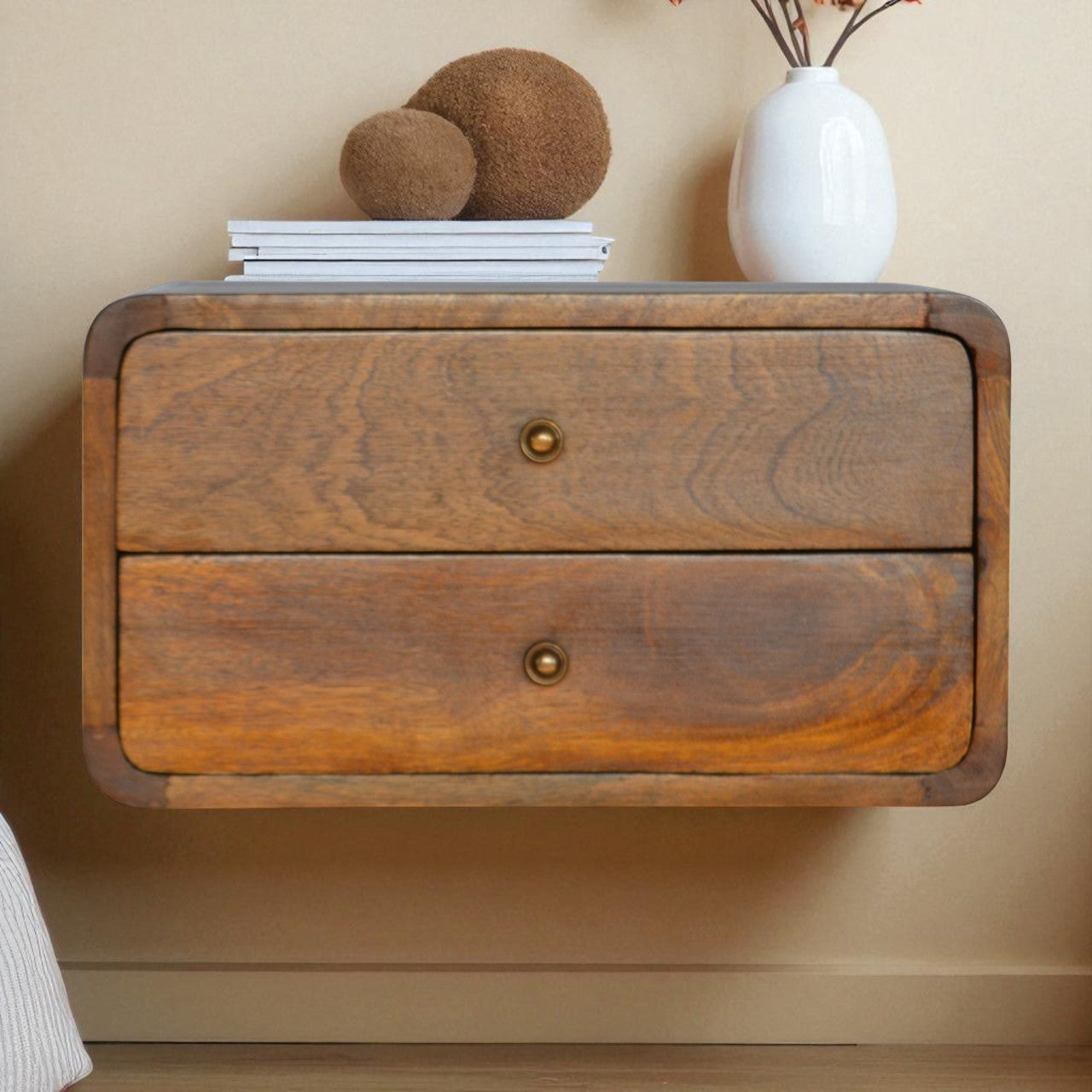 Solid Wood Floating Nightstand, 2 Drawers, Curved, Chestnut