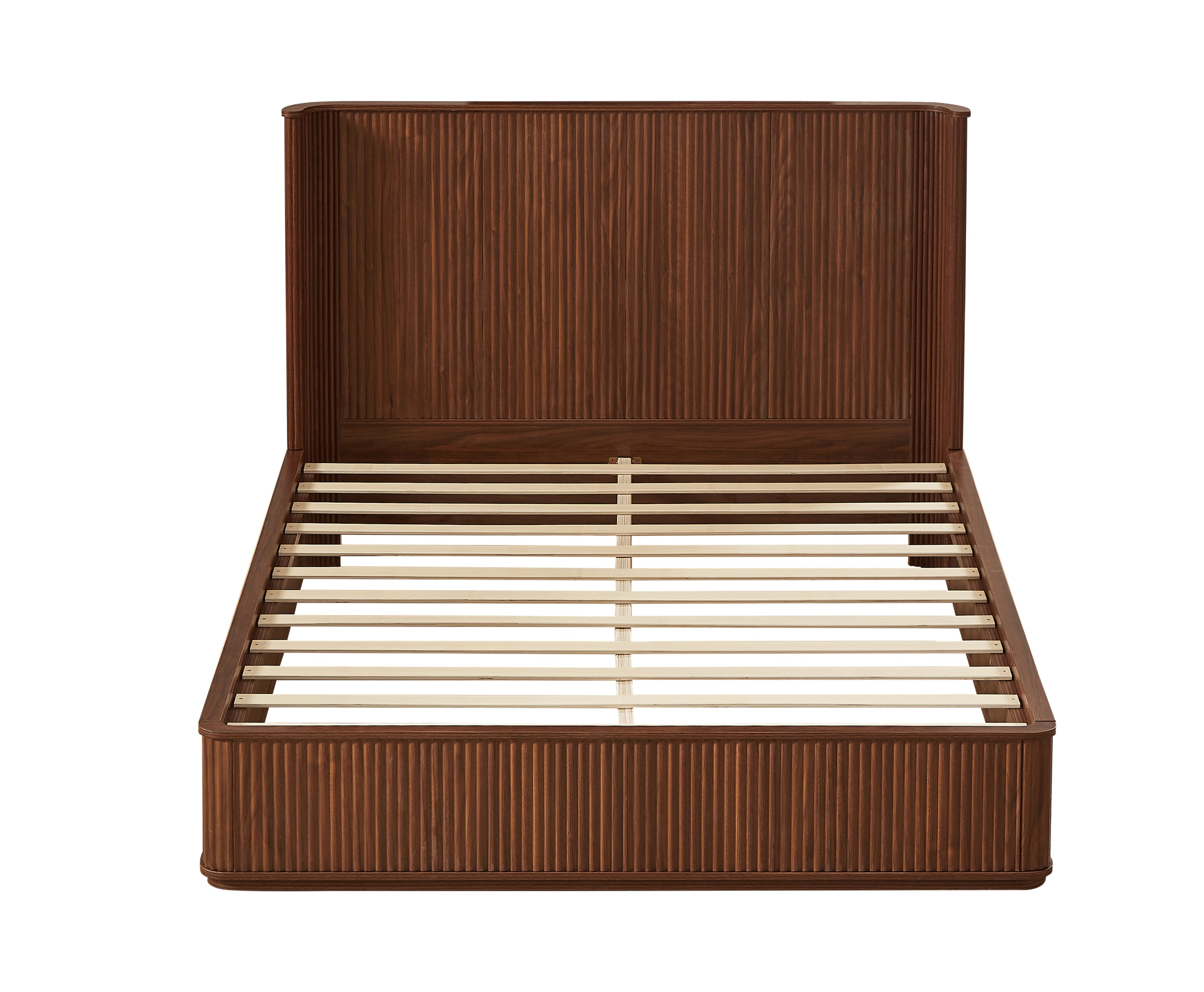 Bare walnut queen bed frame showing the wood slat platform, tall fluted headboard and fluted footboard #Color_Walnut