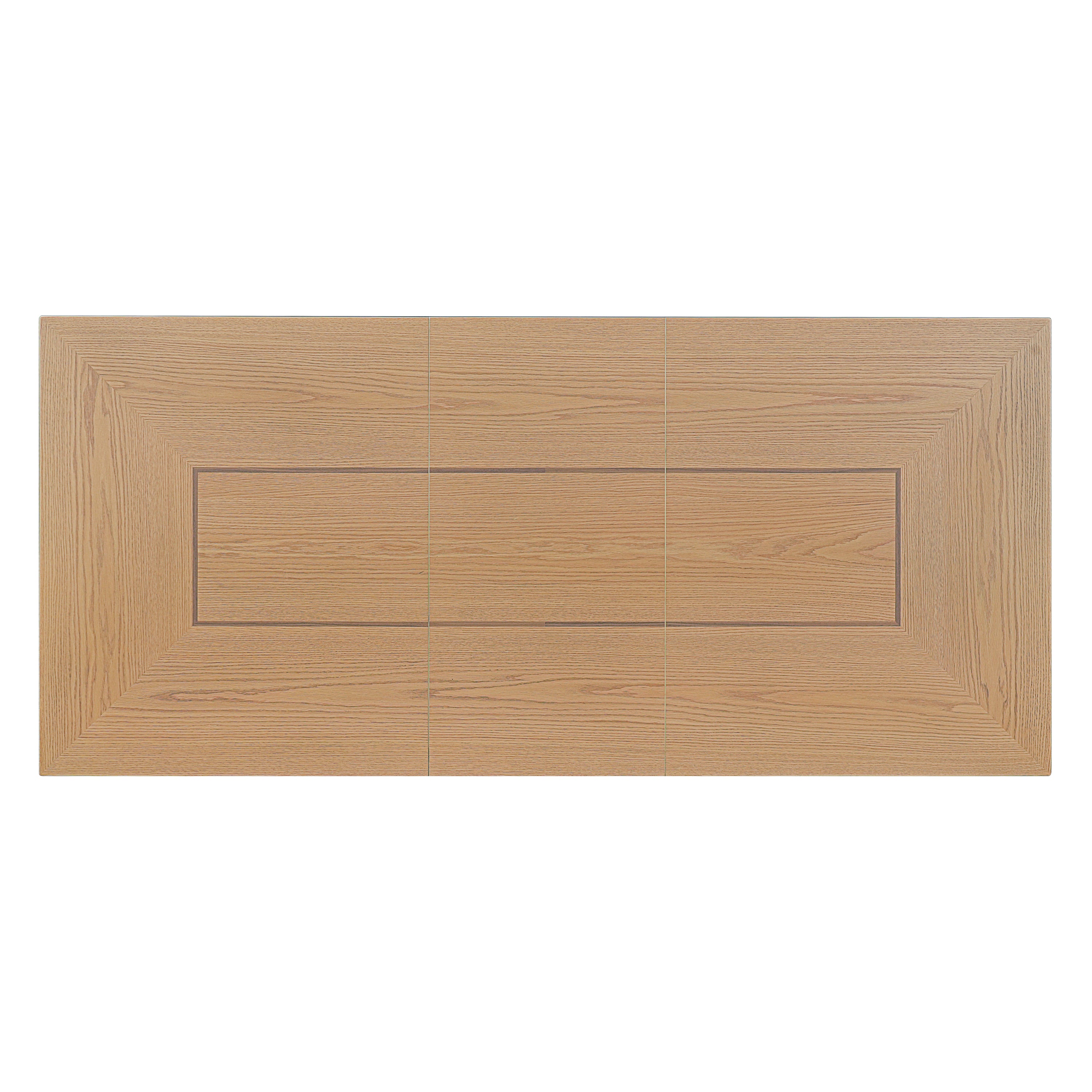 Overhead top view of the oak dining table top showing the inlaid border and grain