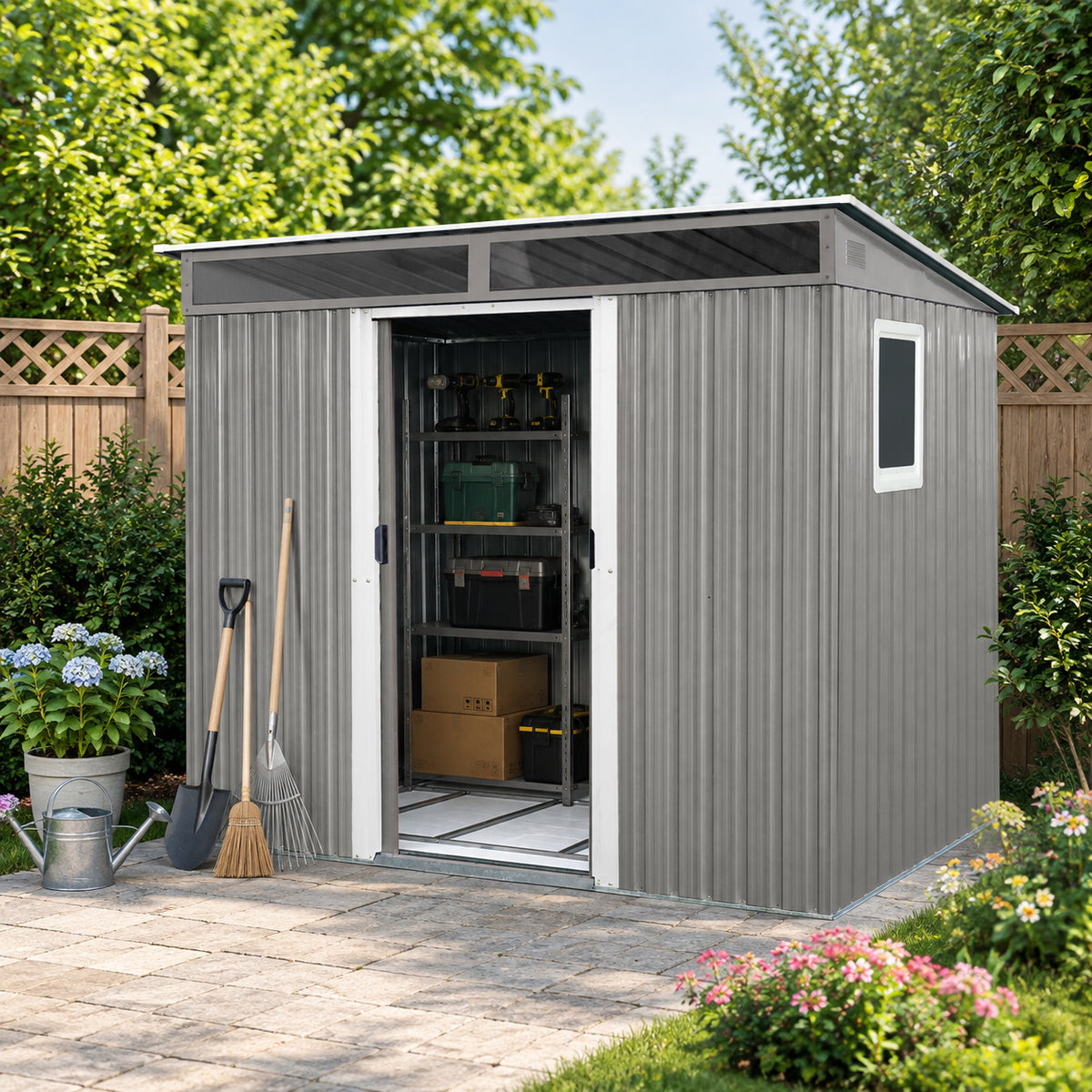 6x8 ft Gray Metal Storage Shed with Window