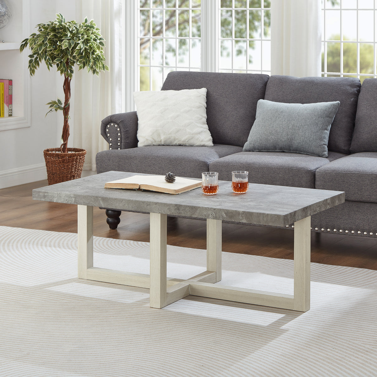 White Rectangular Coffee Table, 47.5 in, Concrete Look