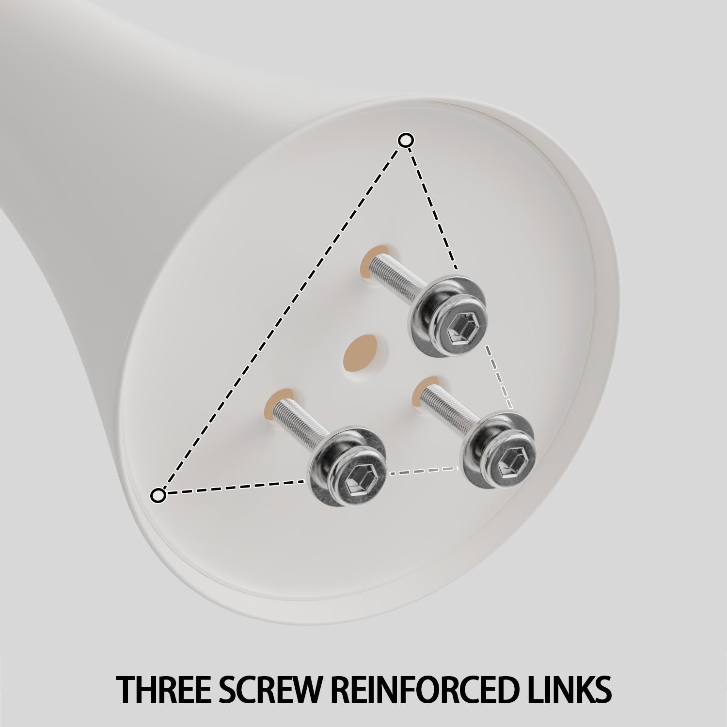 Close-up of the tulip table base underside showing three screw-reinforced links
