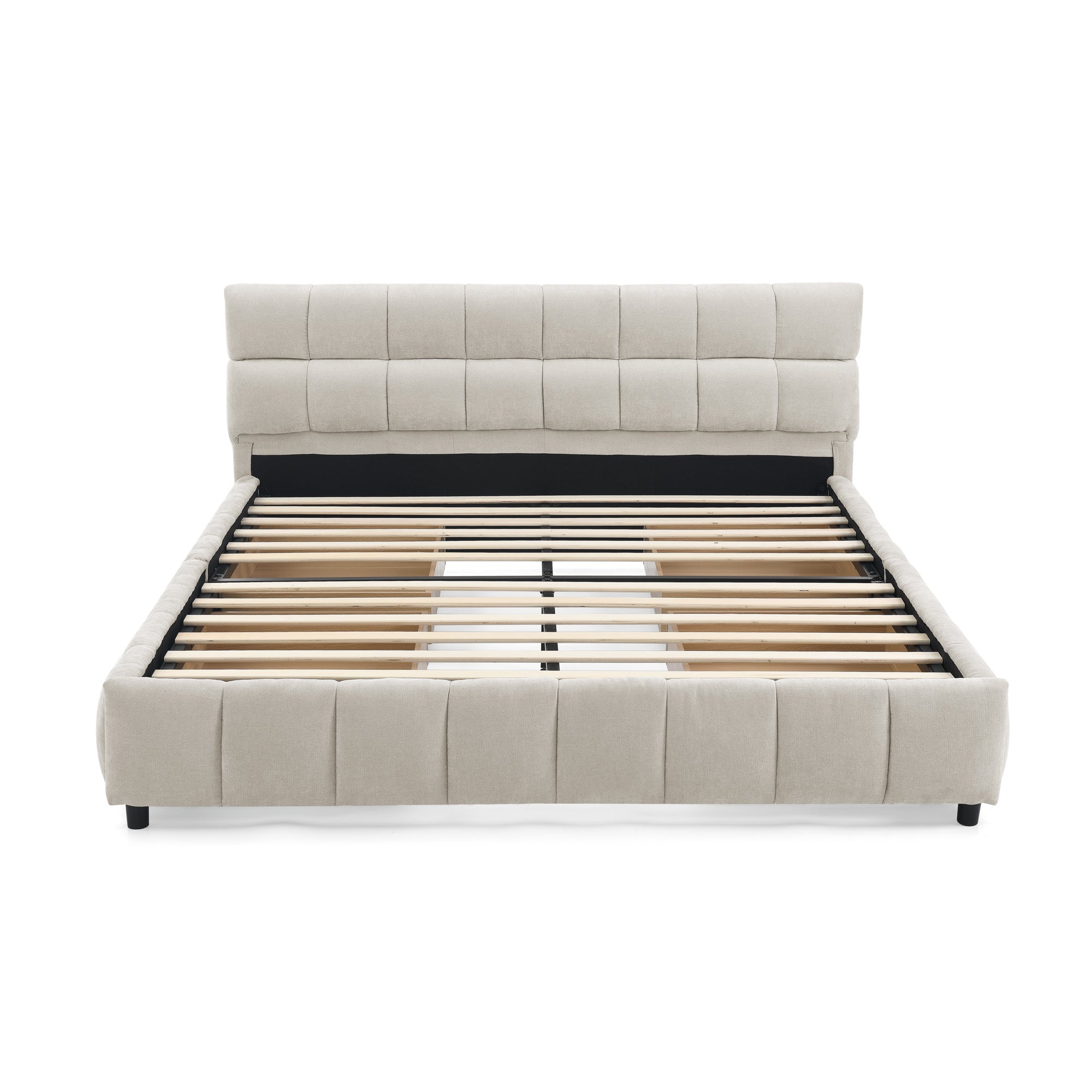 Angled bare beige chenille queen bed frame with storage drawers open and wood slat platform