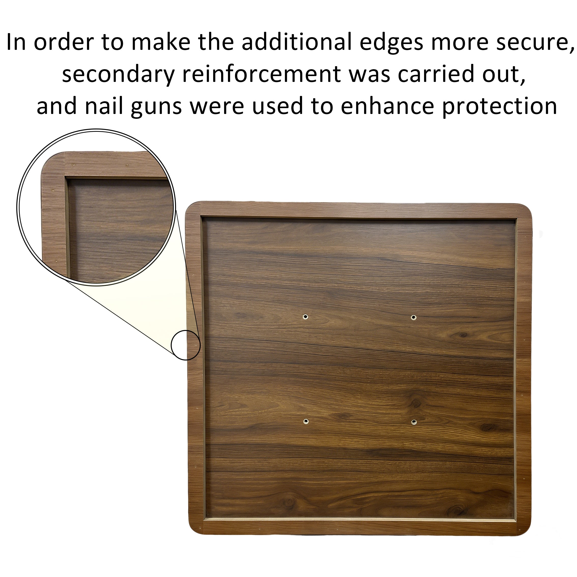 Underside of the walnut square tabletop showing the reinforced edge frame with an inset detail circle