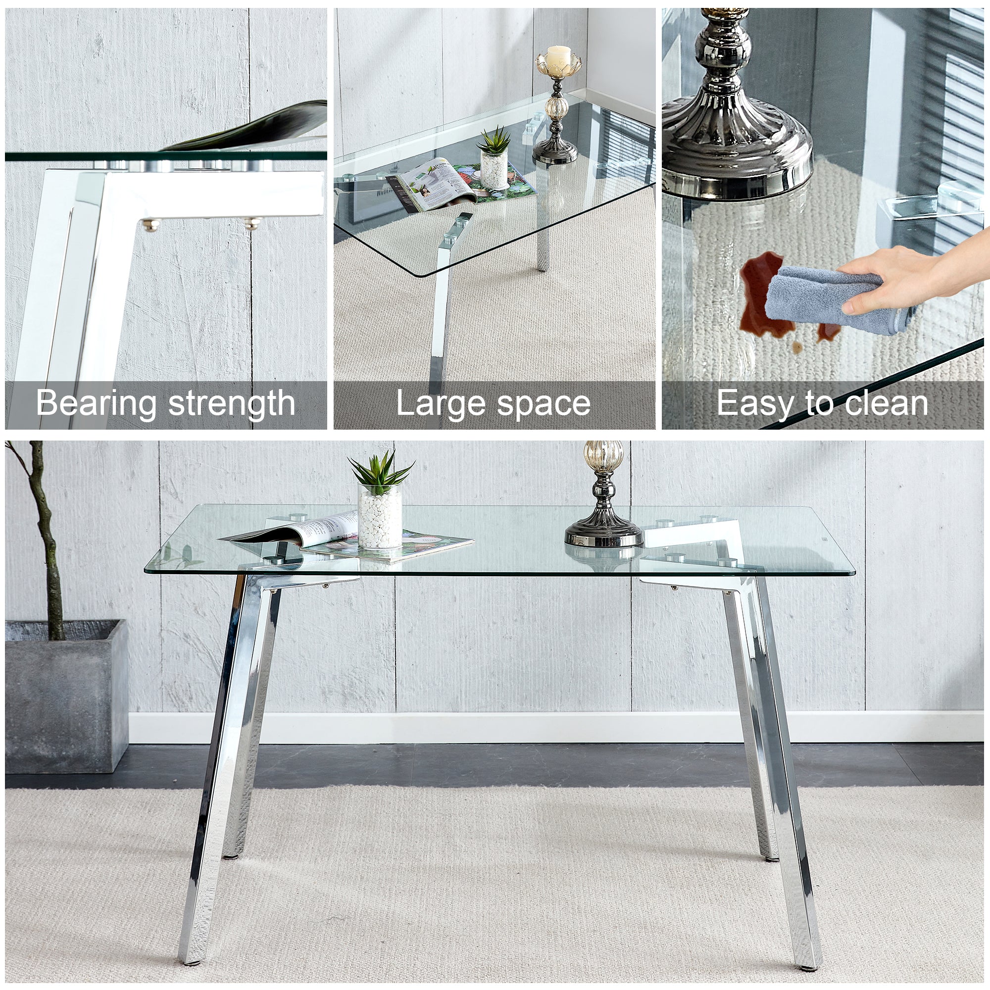 Feature graphic showing bearing strength, large space and easy cleaning with the glass table
