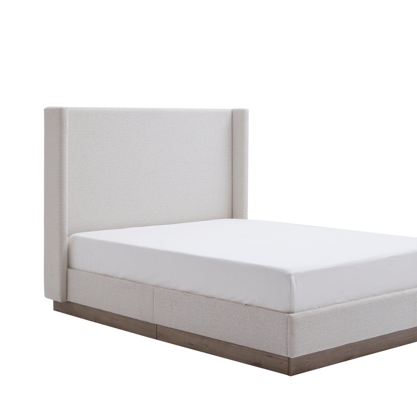 Side profile of cream wingback bed frame on white background