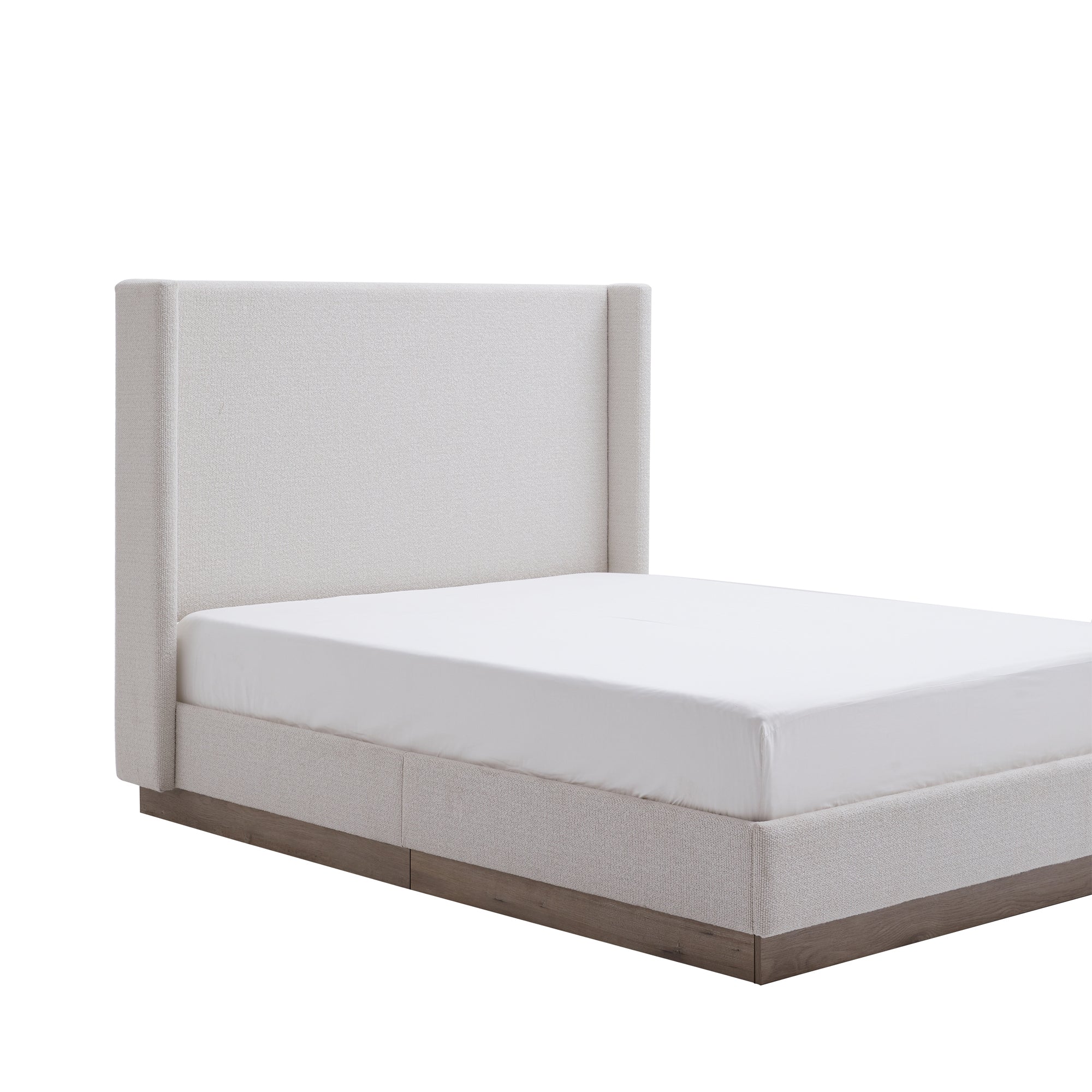 Side profile of cream wingback bed frame on white background