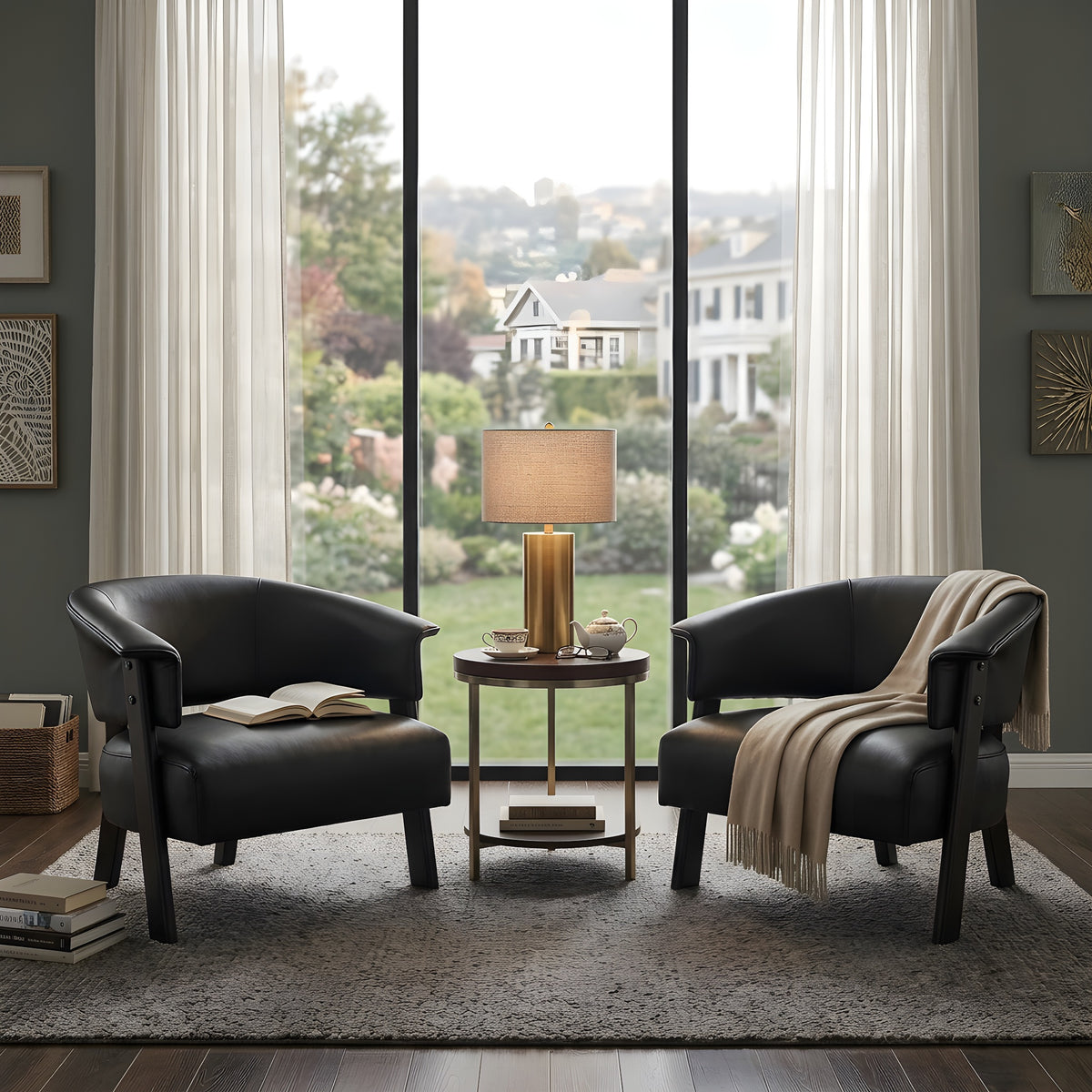 Black Vegan Leather Accent Chair, Set of 2