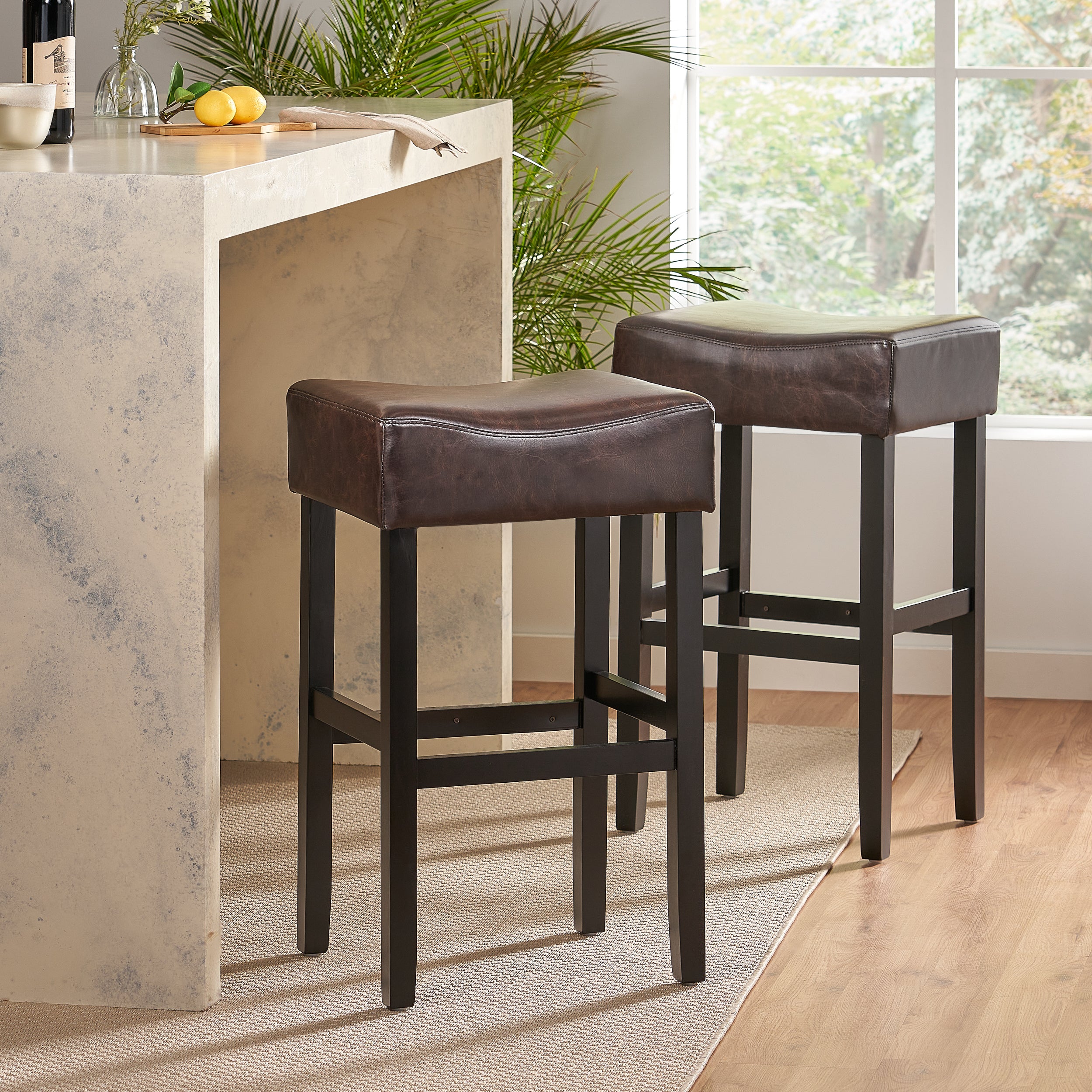Bar Stool Set of 2, Backless Brown Vegan Leather Saddle Seat