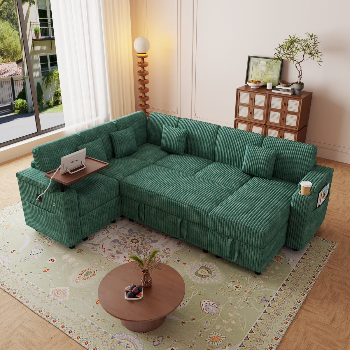 Green Corduroy U-Shaped Modular Sleeper Sectional, Right-Facing