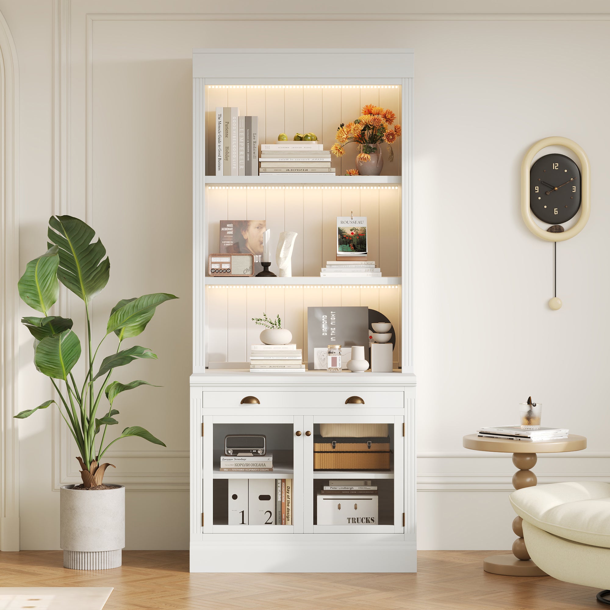 Modern Bookcase with Drawers and Doors, 35.8 in, White, 83.4 in Tall