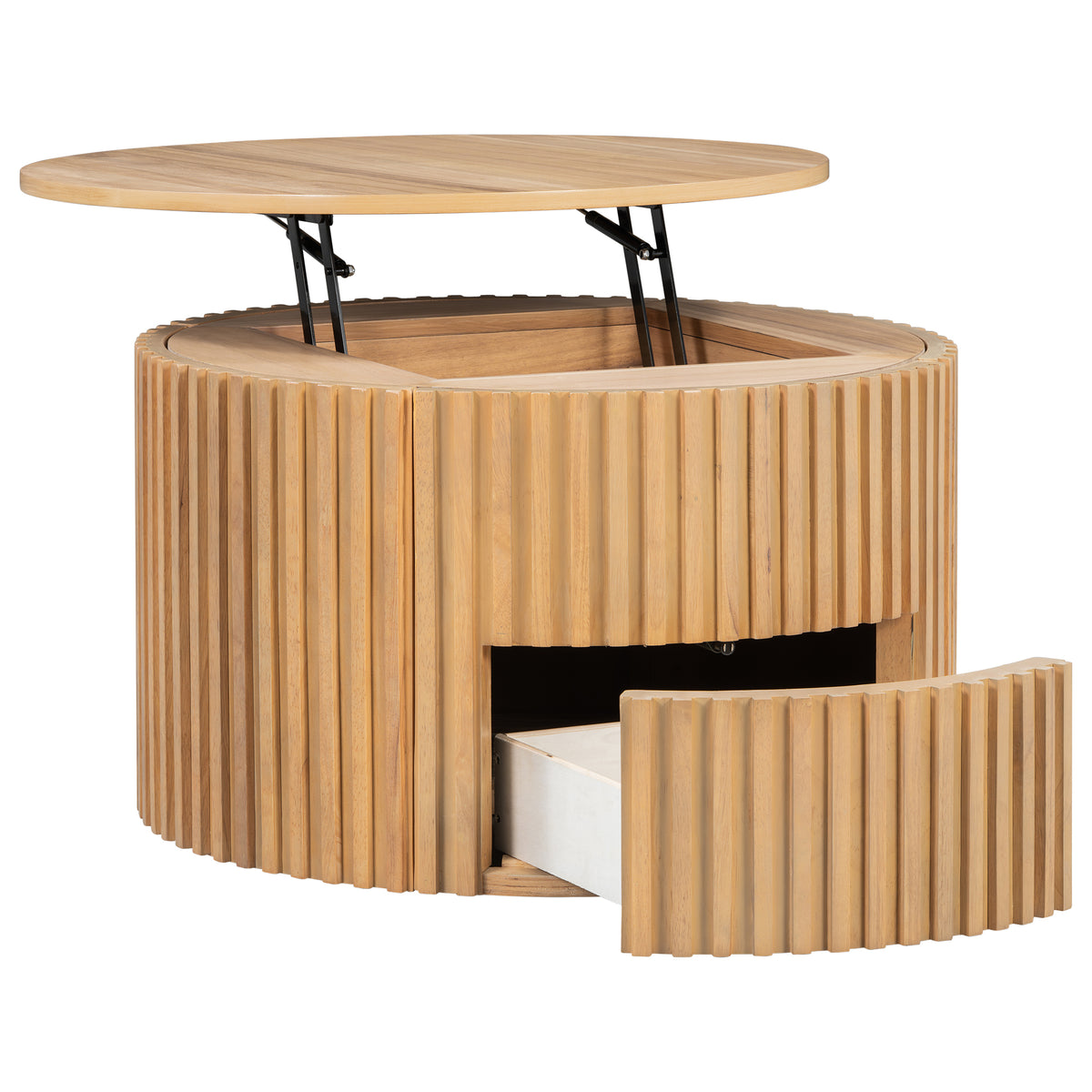 Light Brown Round Fluted Lift-Top Coffee Table, 29.8 in