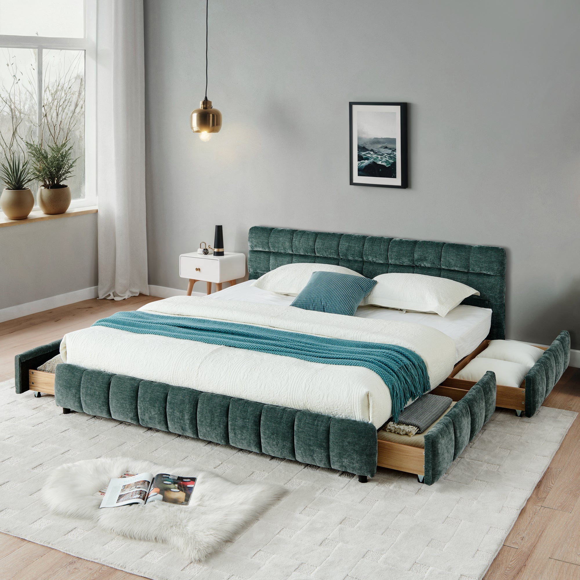 California king bed with blue-green chenille frame and open storage drawers