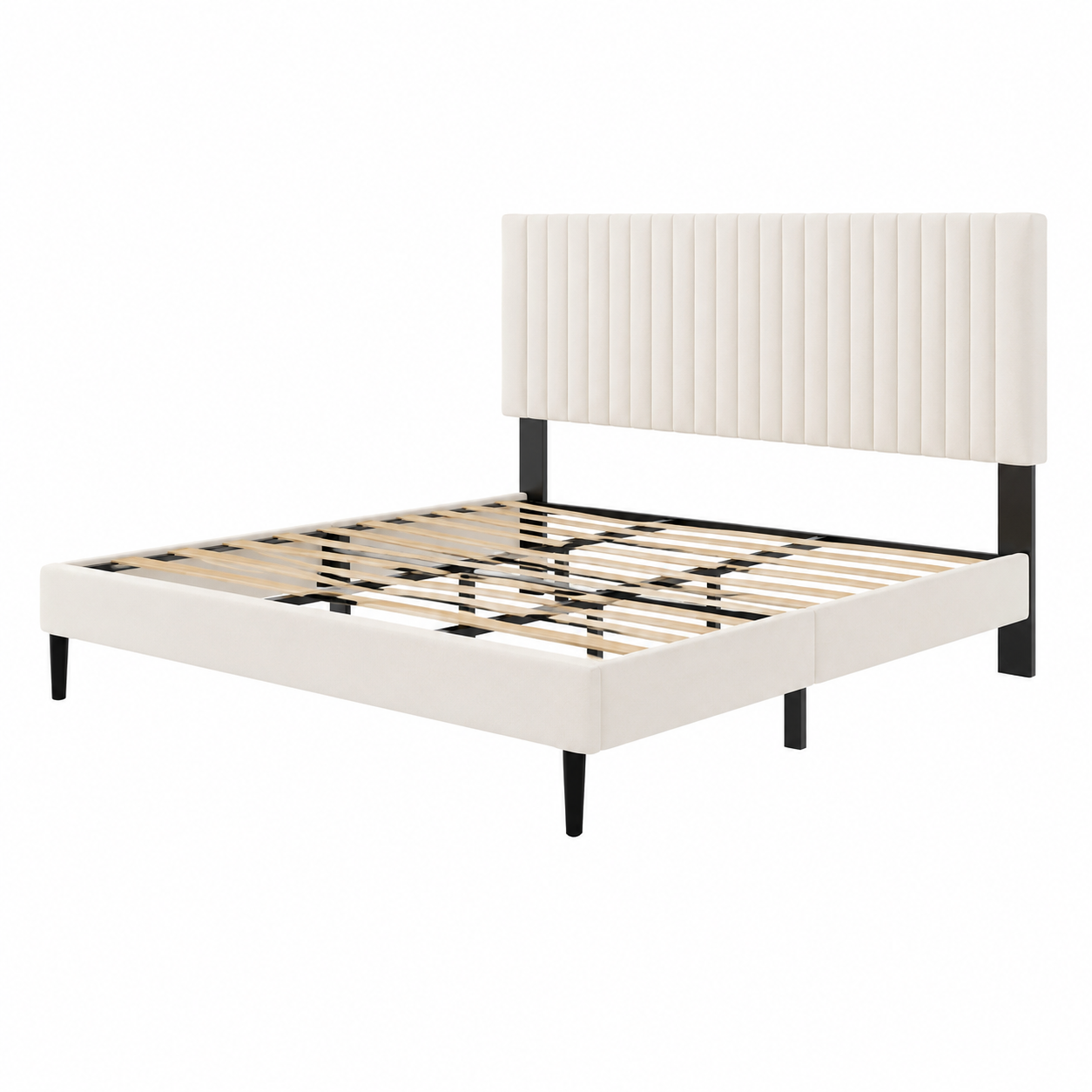 Beige velvet king platform bed frame shown empty on a white background