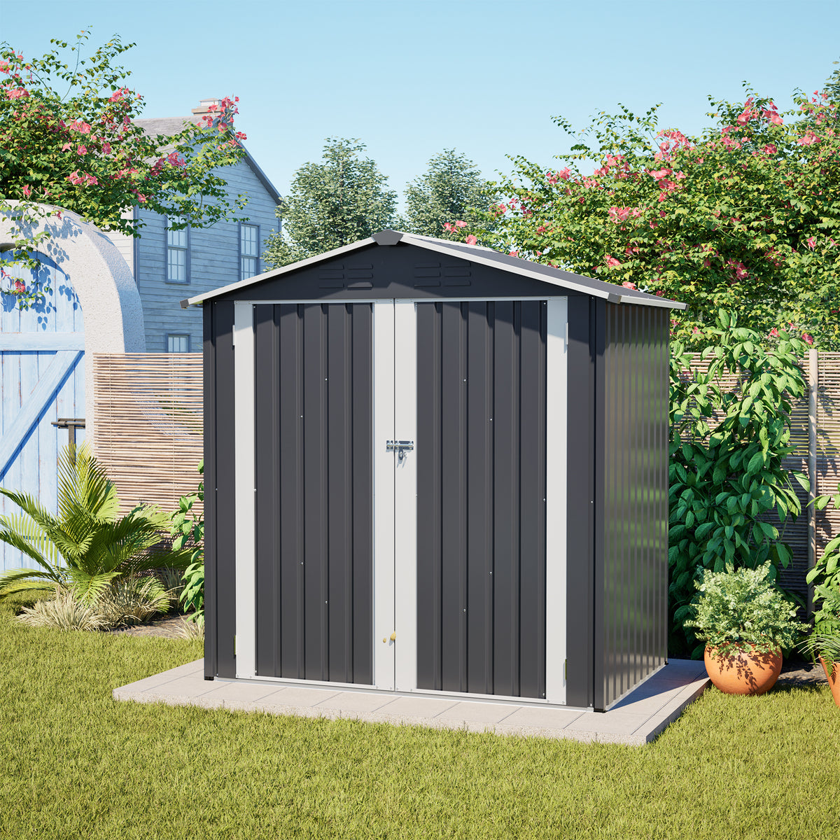 4x6 ft Gray Metal Storage Shed with Lockable Doors