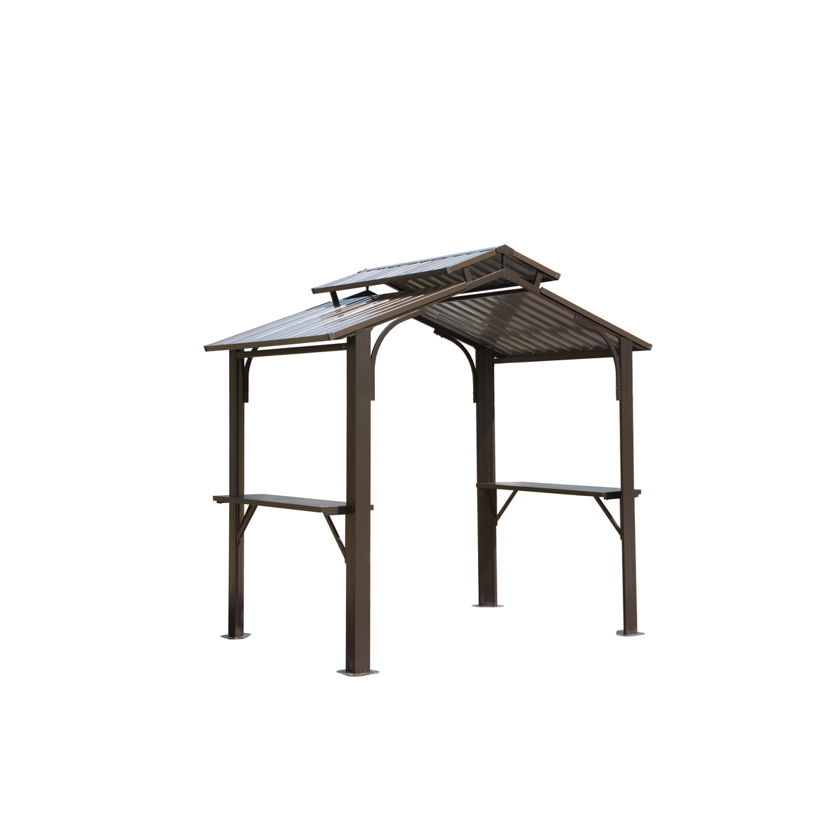5x8 ft Brown Metal Double Roof Hardtop Gazebo with Side Shelves