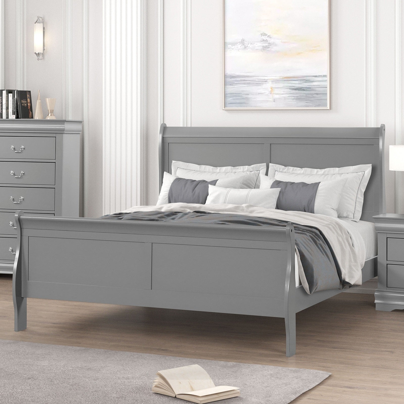 Gray Queen Sleigh Bed, Solid Wood with Drawer Storage
