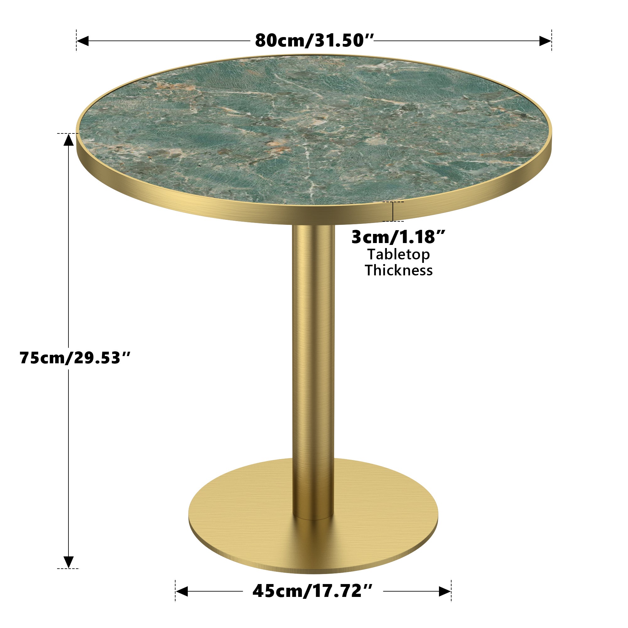 Dimension diagram of round dining table, 80cm/31.5 inch top, 75cm/29.53 inch height, gold base