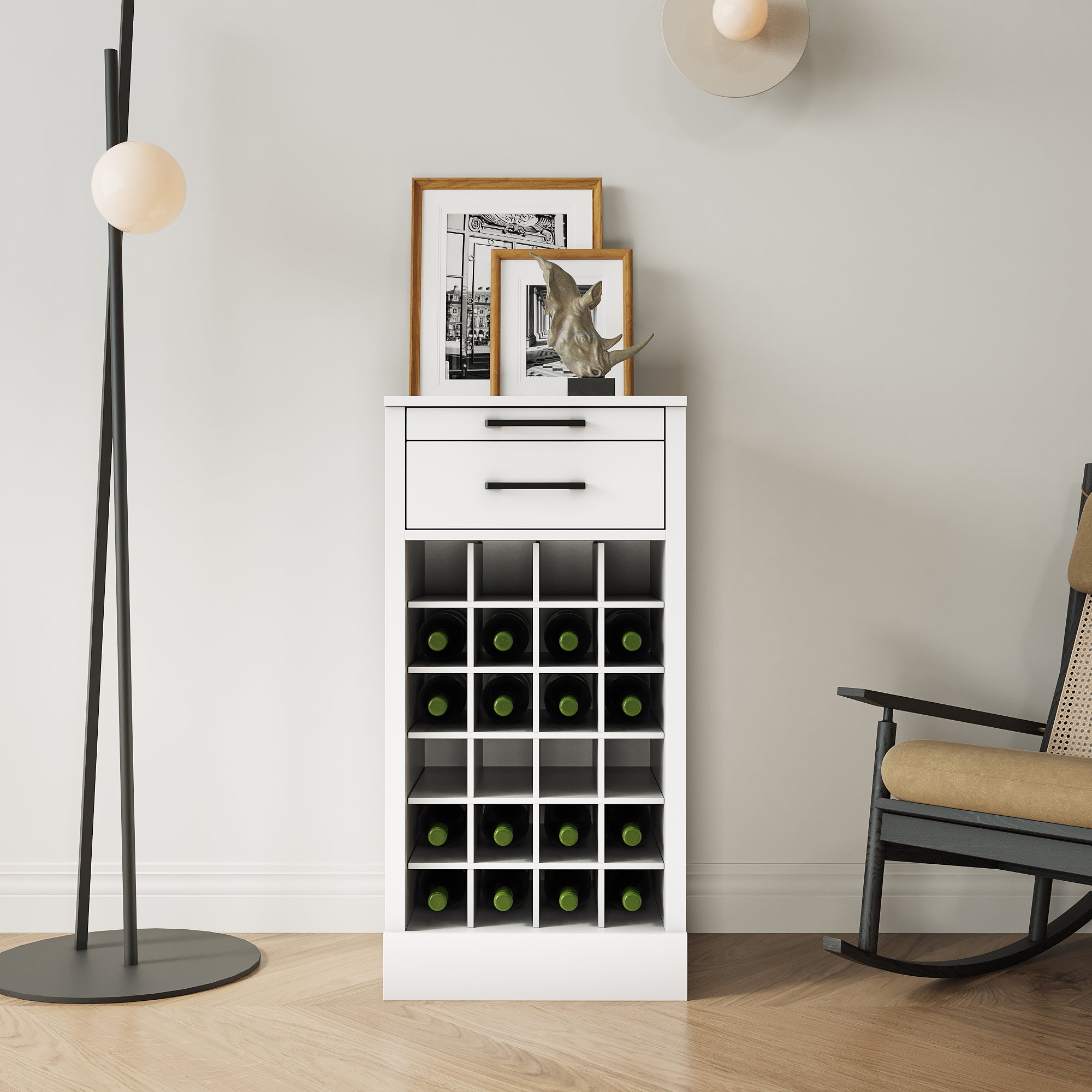 White Wine Bar Cabinet with Drawer, Modular Bottle Rack Storage