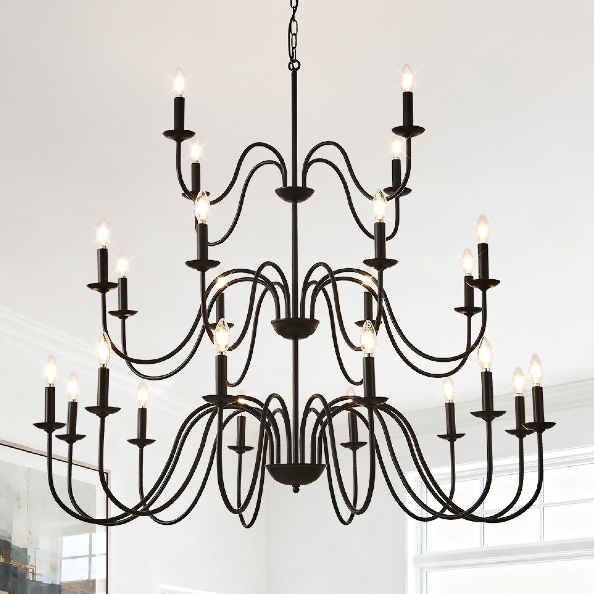 24-Light Farmhouse Chandelier, Adjustable Iron Fixture, Matte Black