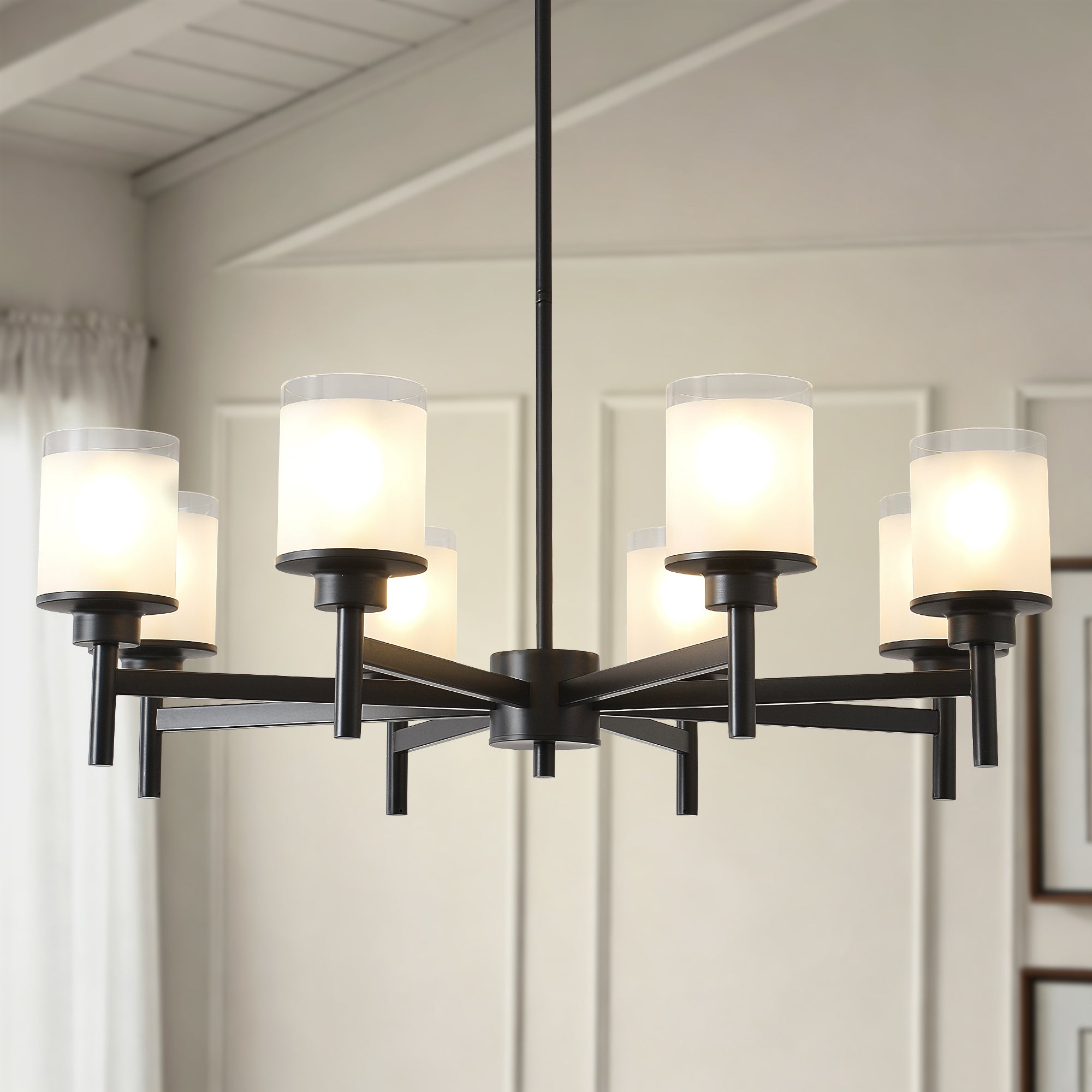 Chandelier, 8-Light Glass Farmhouse, Matte Black