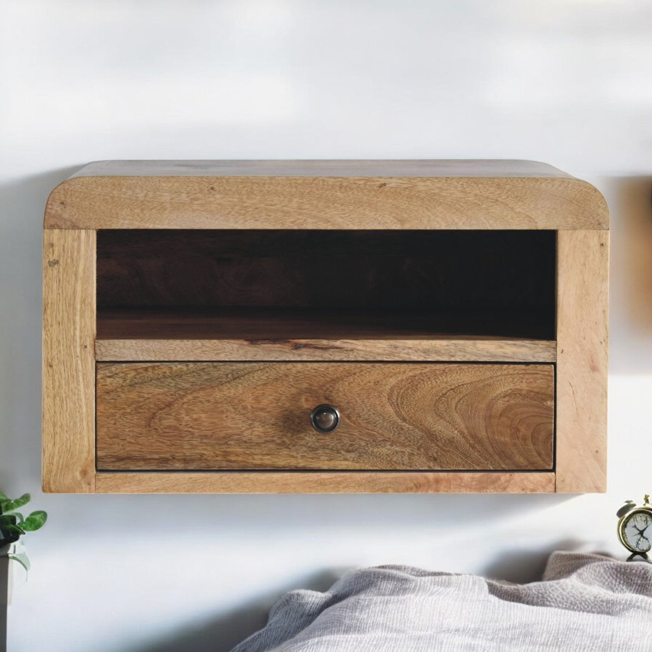 Chunky Solid Wood Floating Nightstand, 1 Drawer and Open Shelf