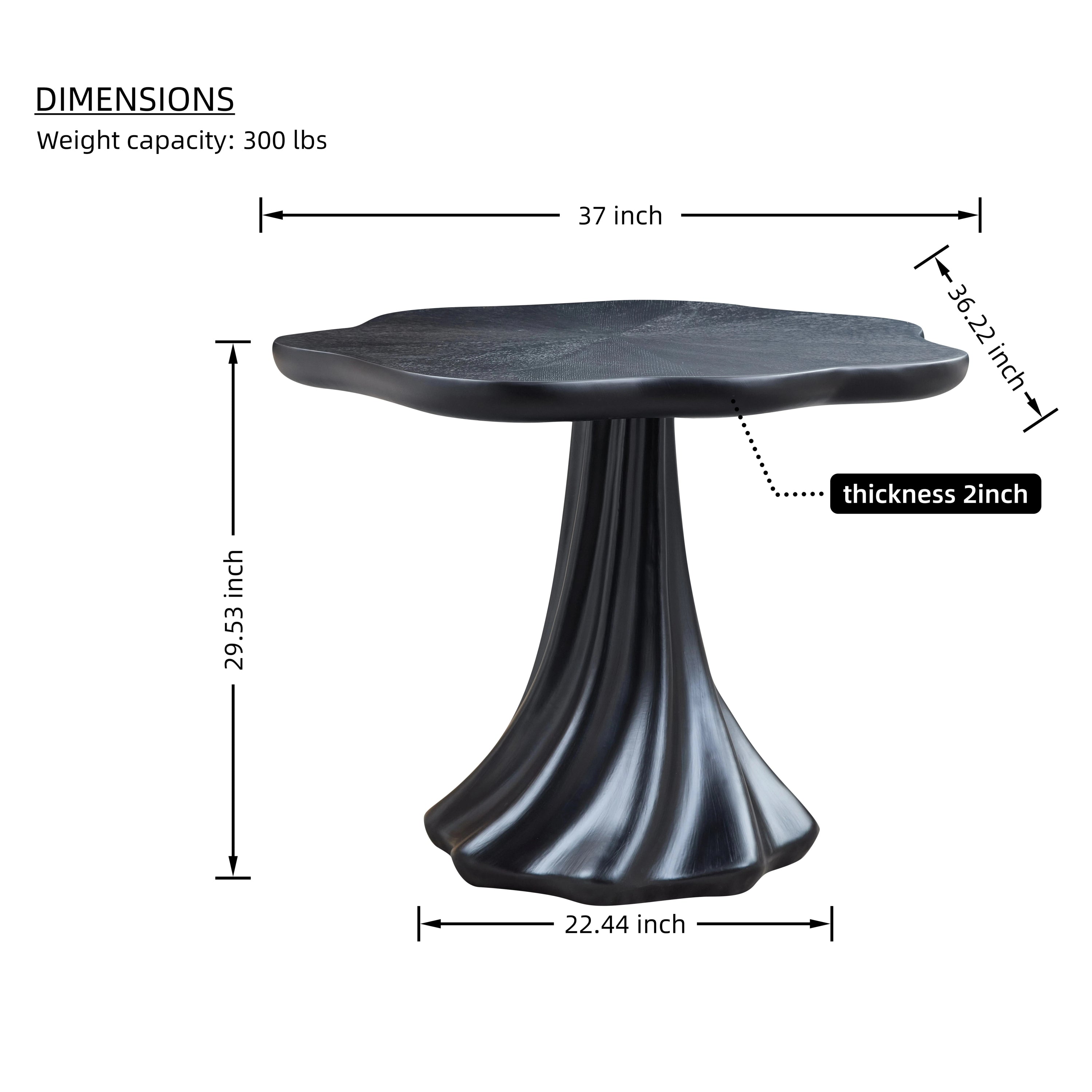 Dimension diagram of the petal dining table: 37 inch width, 36.22 inch depth, 29.53 inch height, 300 lb capacity