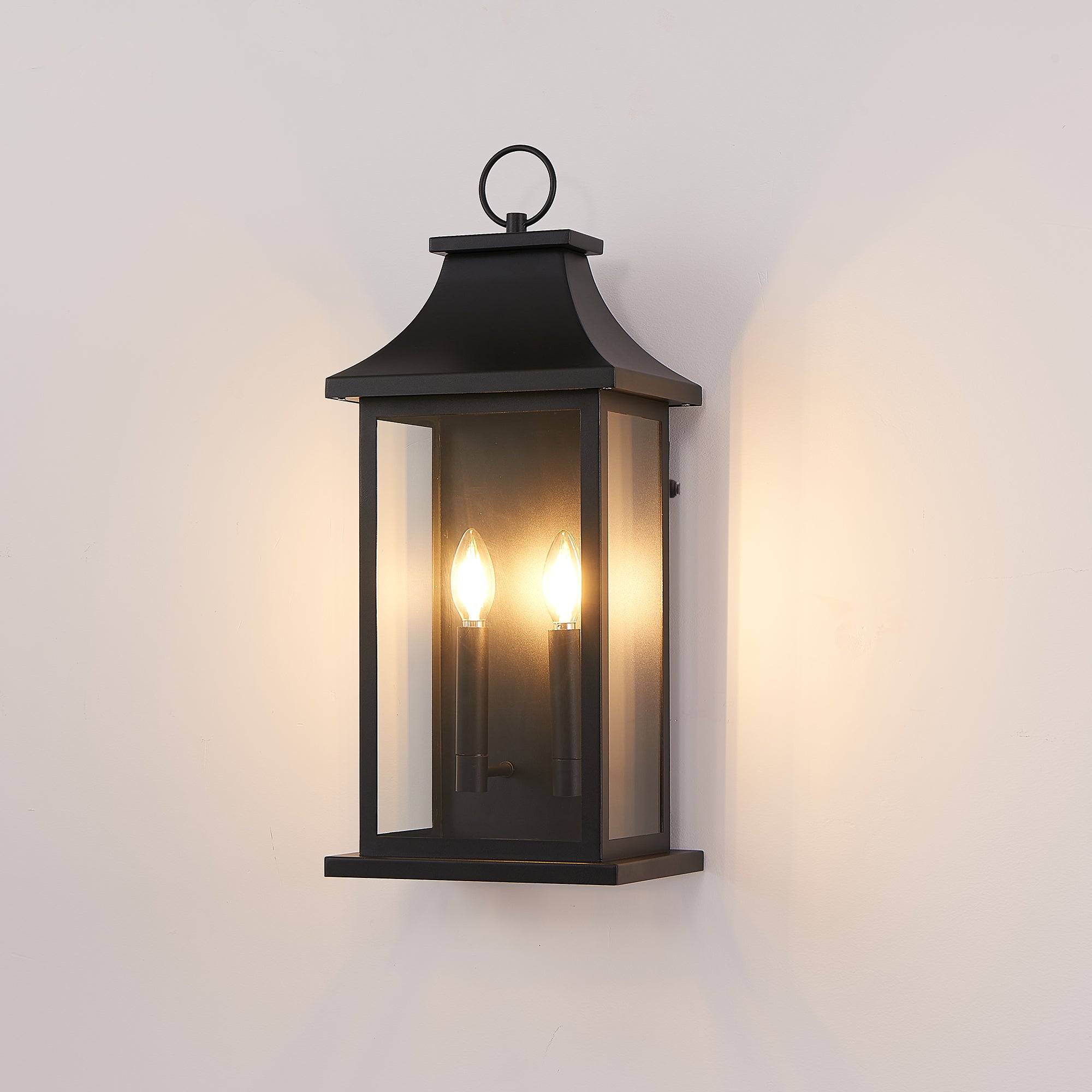 Outdoor Wall Lantern, 2-Light, 22 in, Dusk-to-Dawn, Black