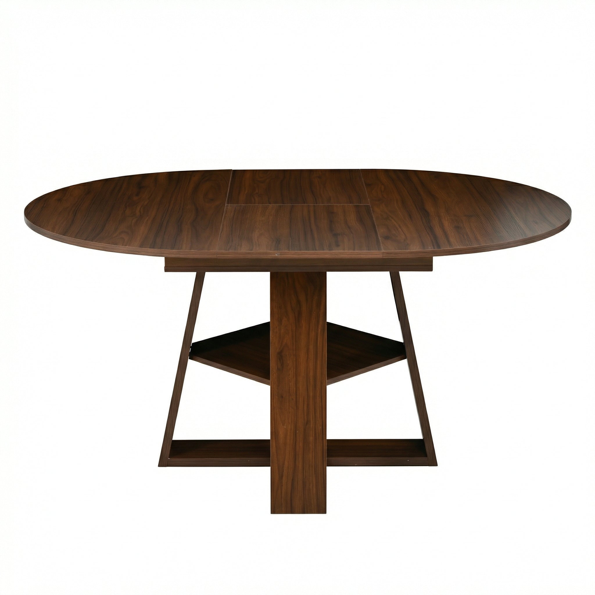 Front studio view of the walnut table extended to an oval shape