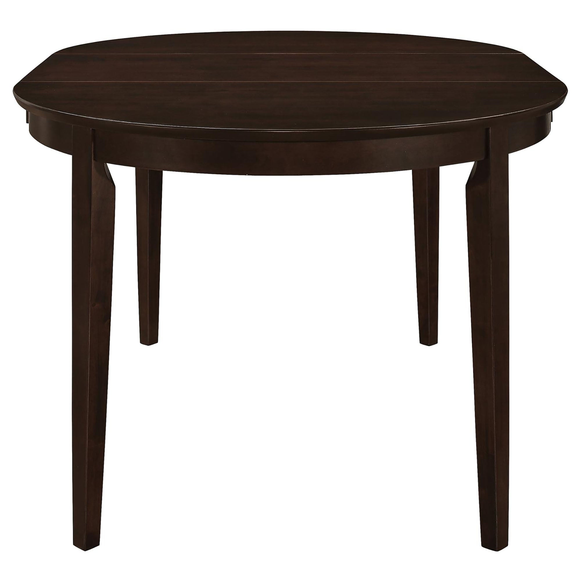 Angled view of the extendable dining table with center leaf on plain white