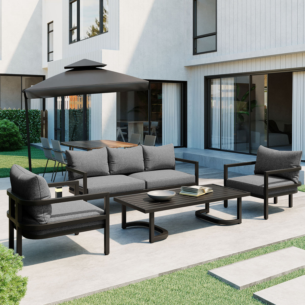 Black Metal Outdoor Sofa Set for 5 with Cushions