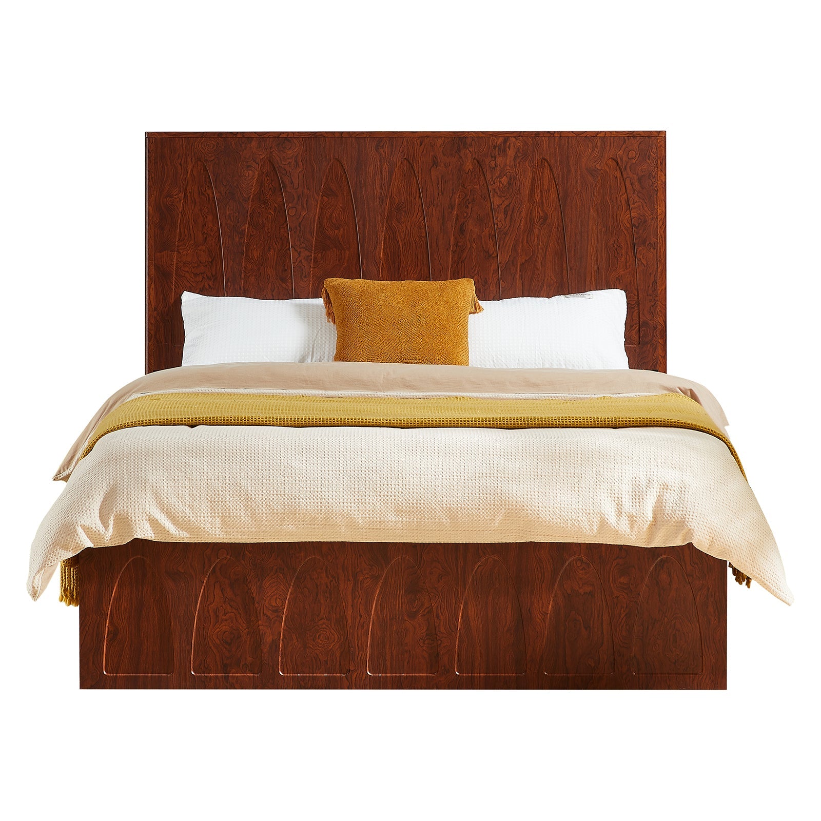 Straight-on dark reddish-brown burl wood queen bed made with cream bedding and mustard pillow on white #Color_Natural