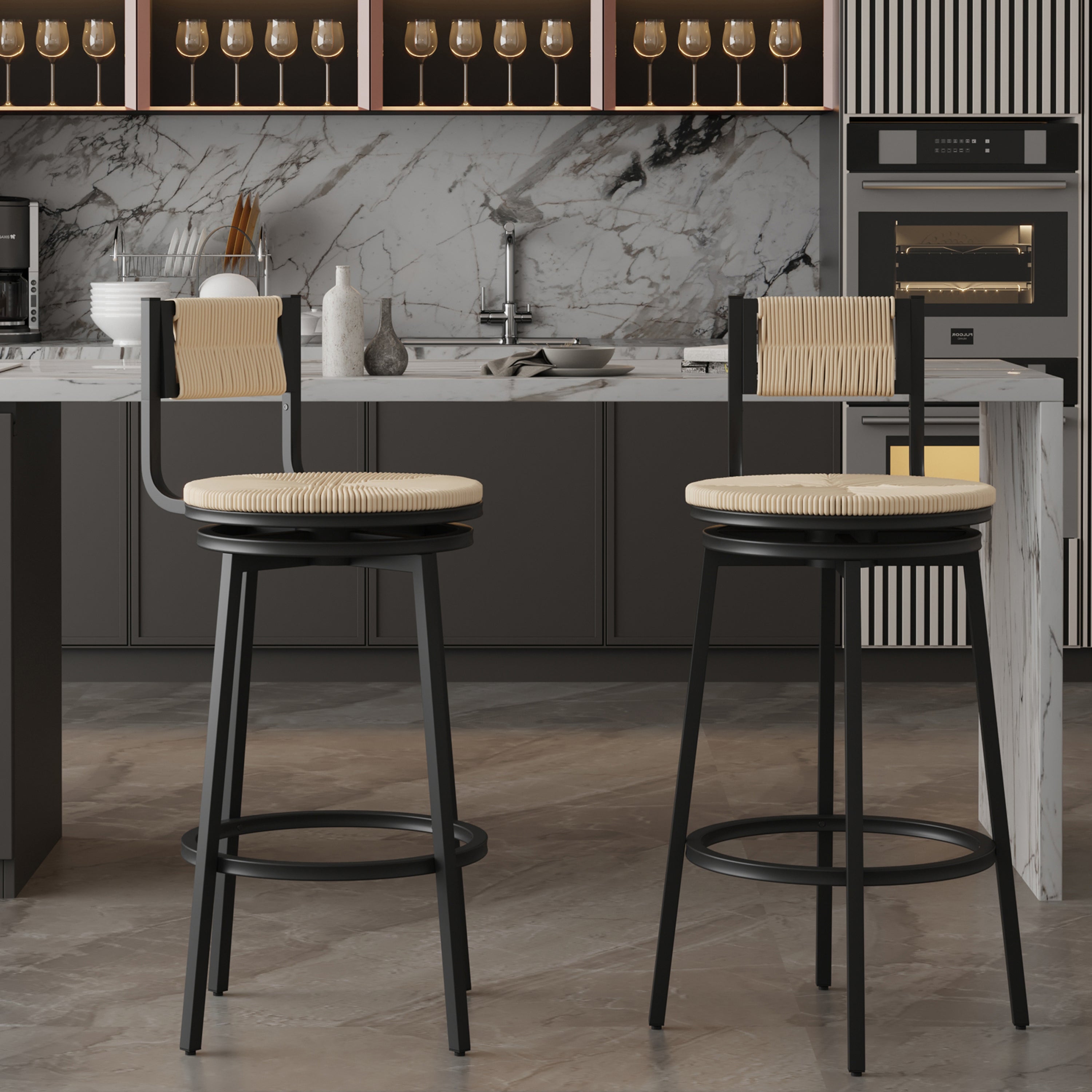 Counter Stool Set of 2, Cream Paper Rope Seat, Black Swivel Frame