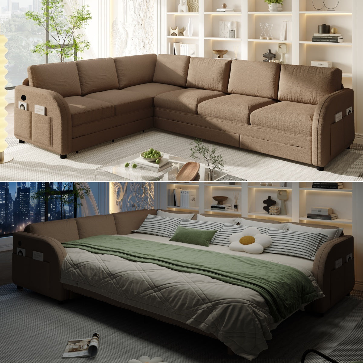 Brown Sherpa L-Shaped Sleeper Sectional, USB Charging, 115.2 in Wide