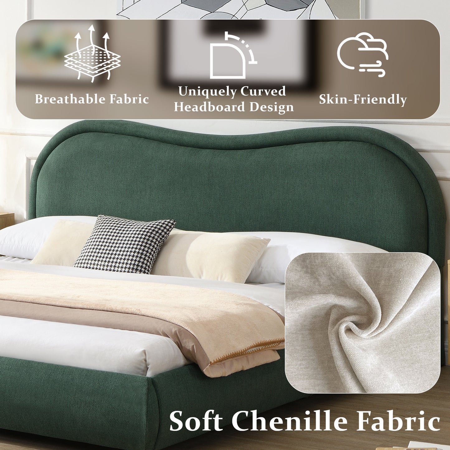 Close-up graphic showing breathable fabric and curved headboard design