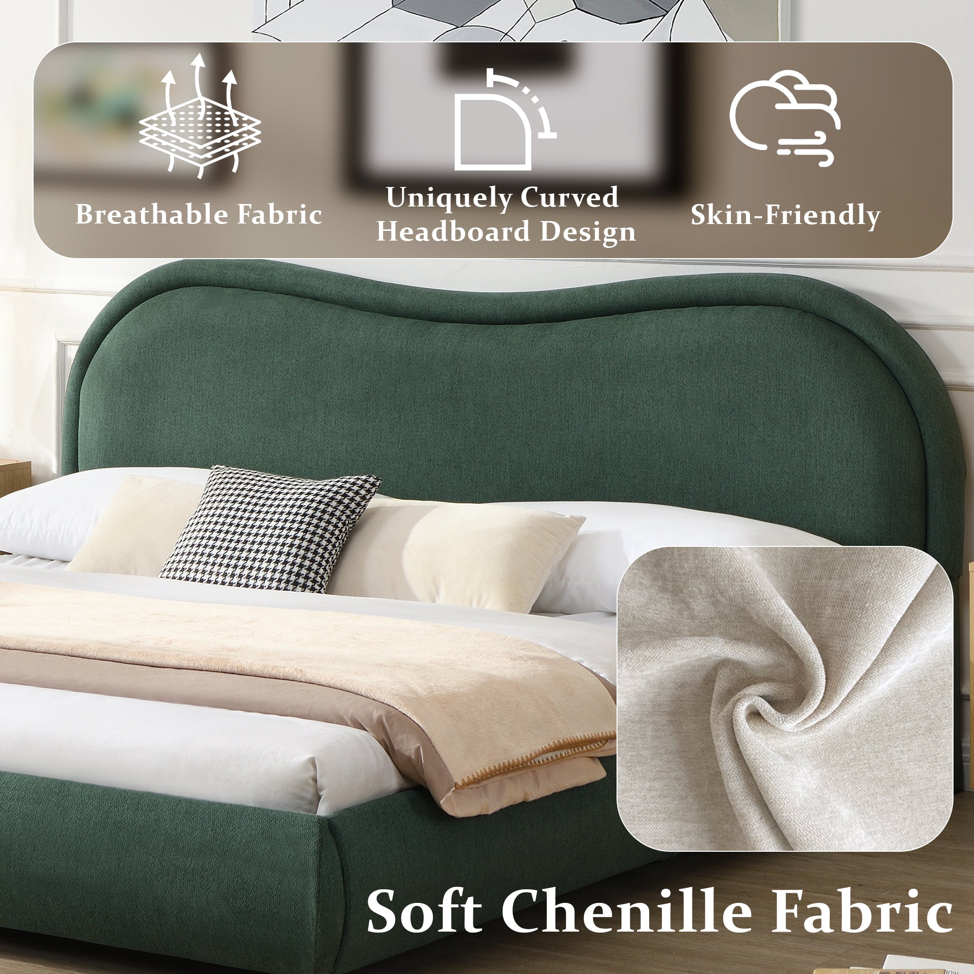 Close-up graphic showing breathable fabric and curved headboard design