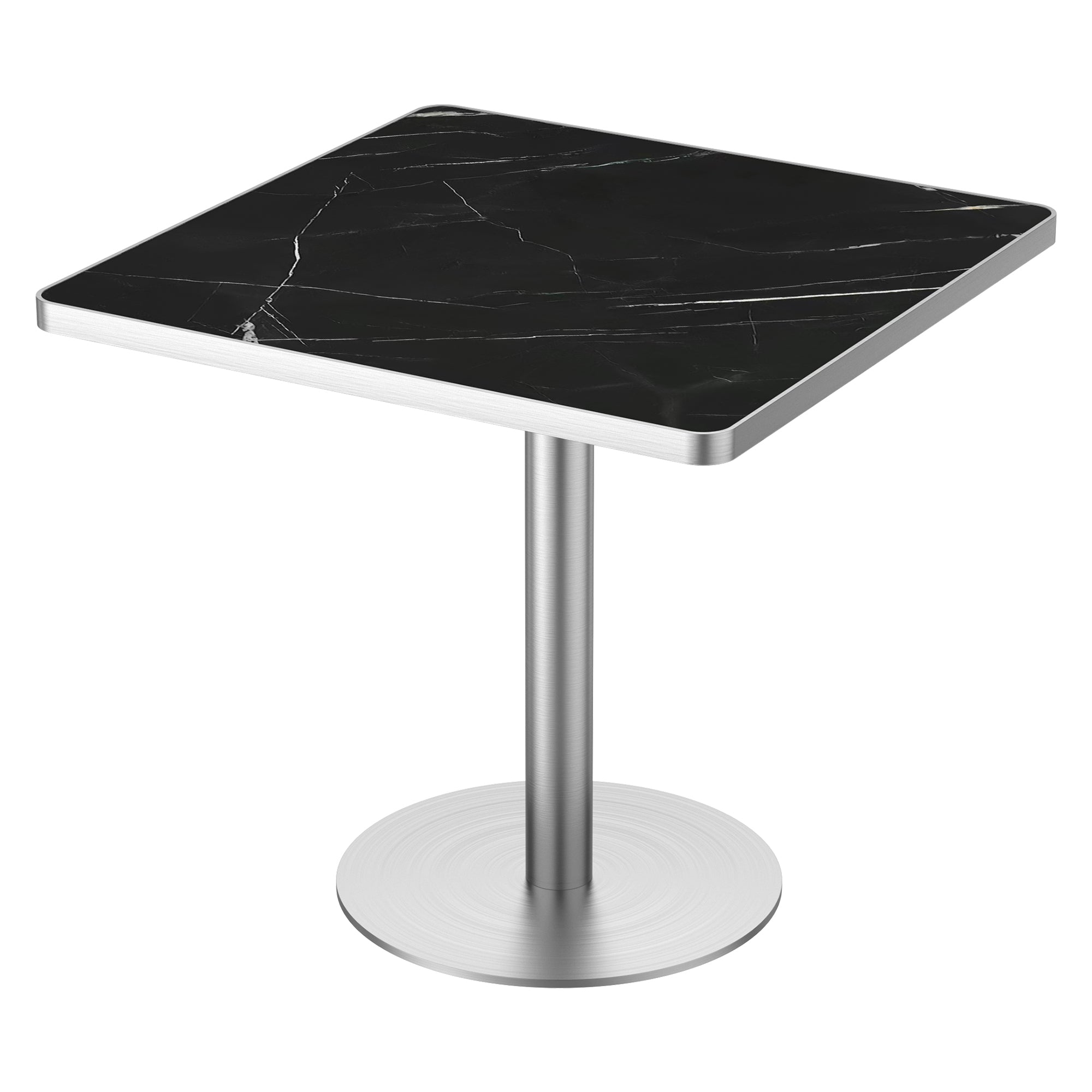 Black and silver sintered stone square dining table, three-quarter view, silver base, white studio