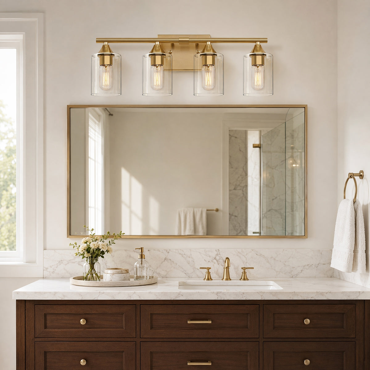 Gold Farmhouse 4-Light Wall Sconce, 7 in, Glass Shade