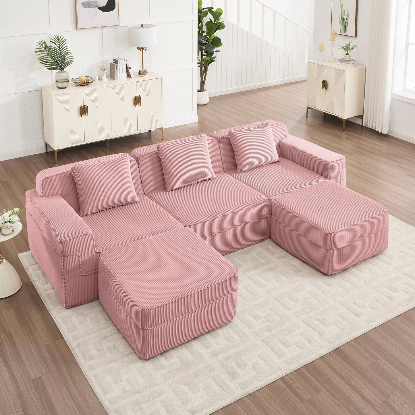 Boneless Couch – 3 Seater with 2 Ottomans, Pink